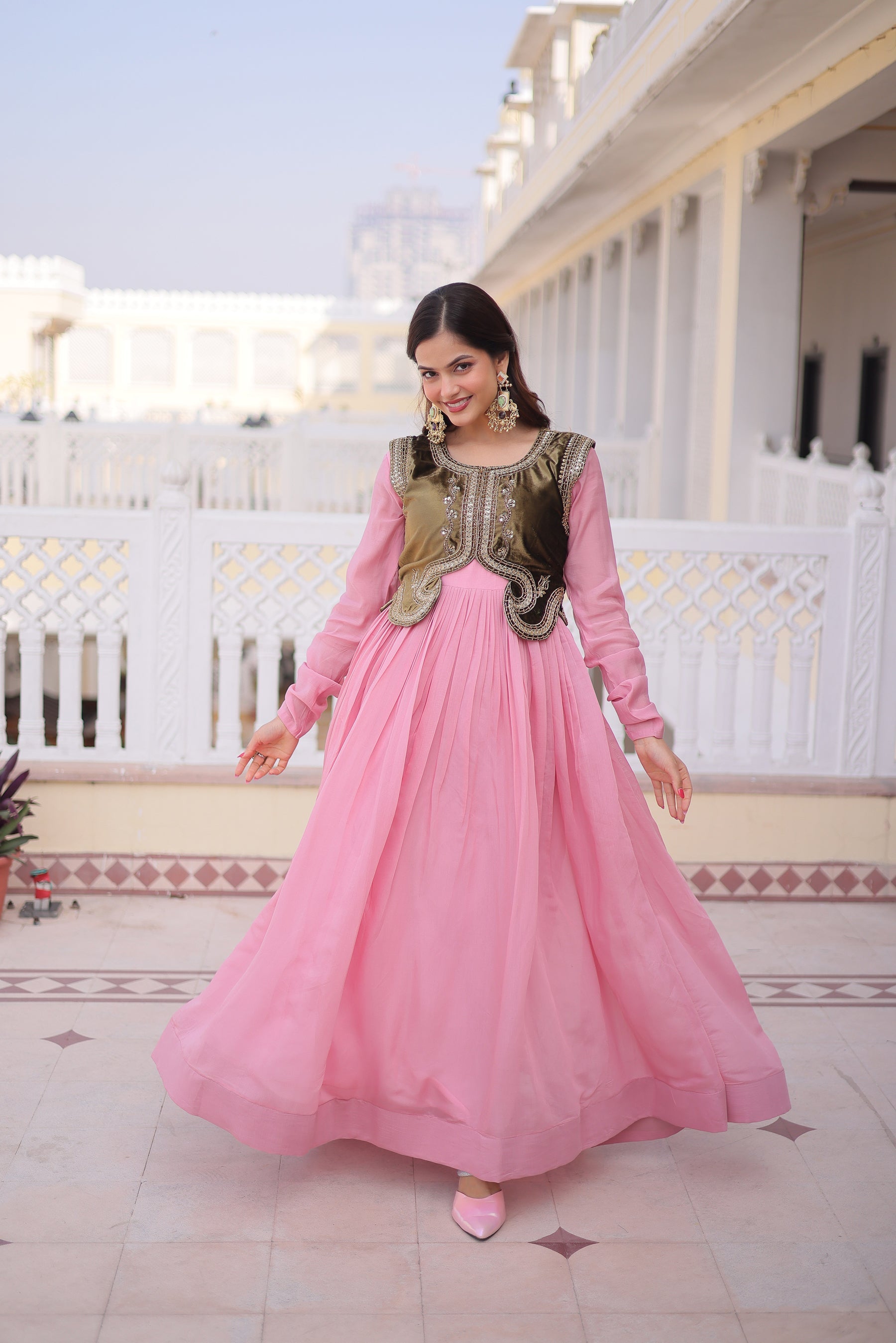 Pink Mal Chanderi Flair Gown with Embroidered Velvet Koti