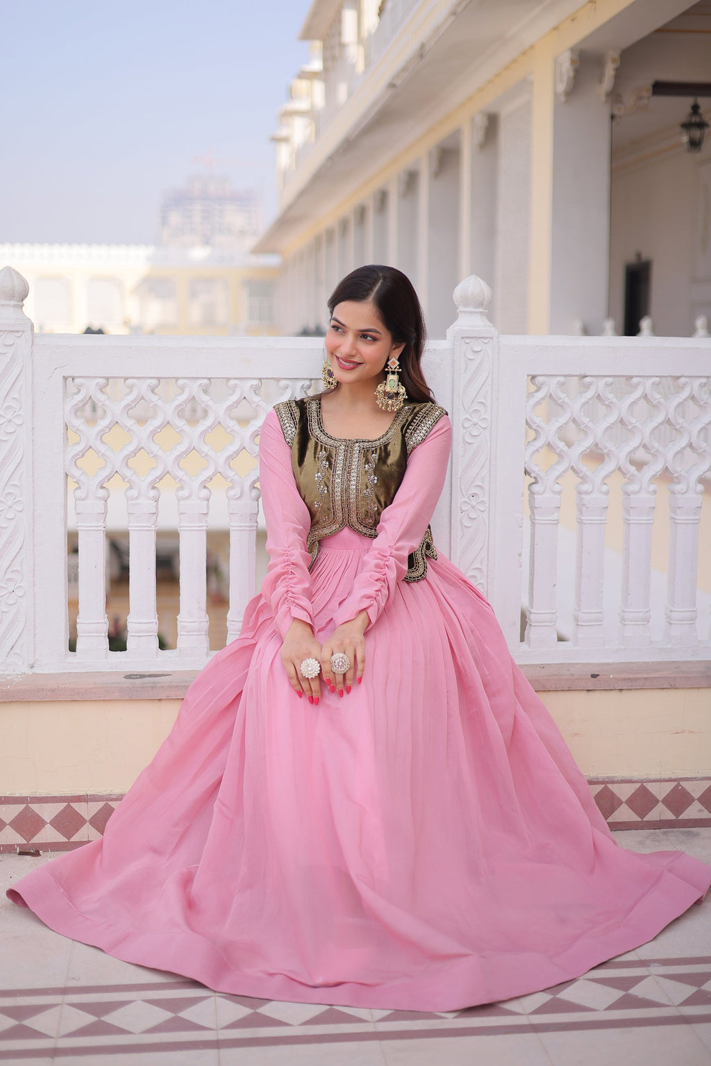 Pink Mal Chanderi Flair Gown with Embroidered Velvet Koti
