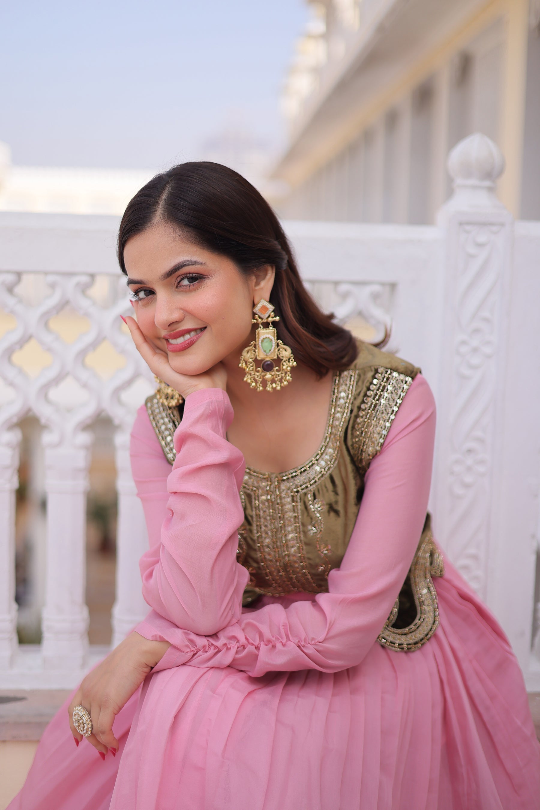 Pink Mal Chanderi Flair Gown with Embroidered Velvet Koti
