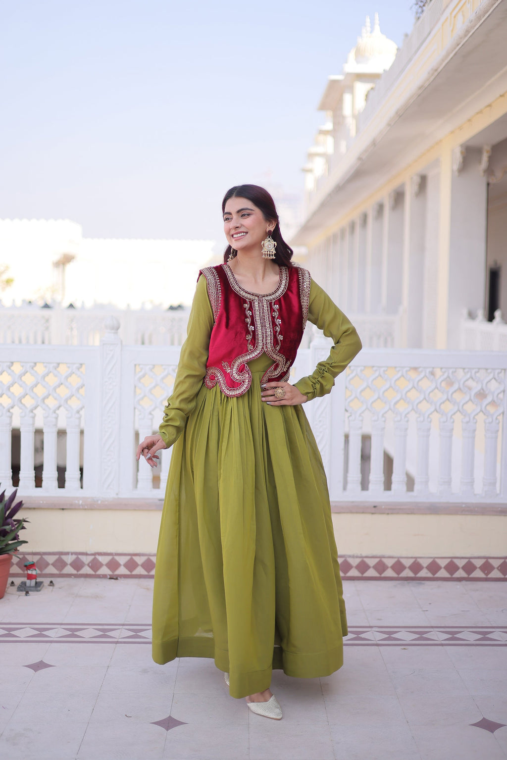Pista color Mal Chanderi ethnic flair gown with coordinating Koti jacket