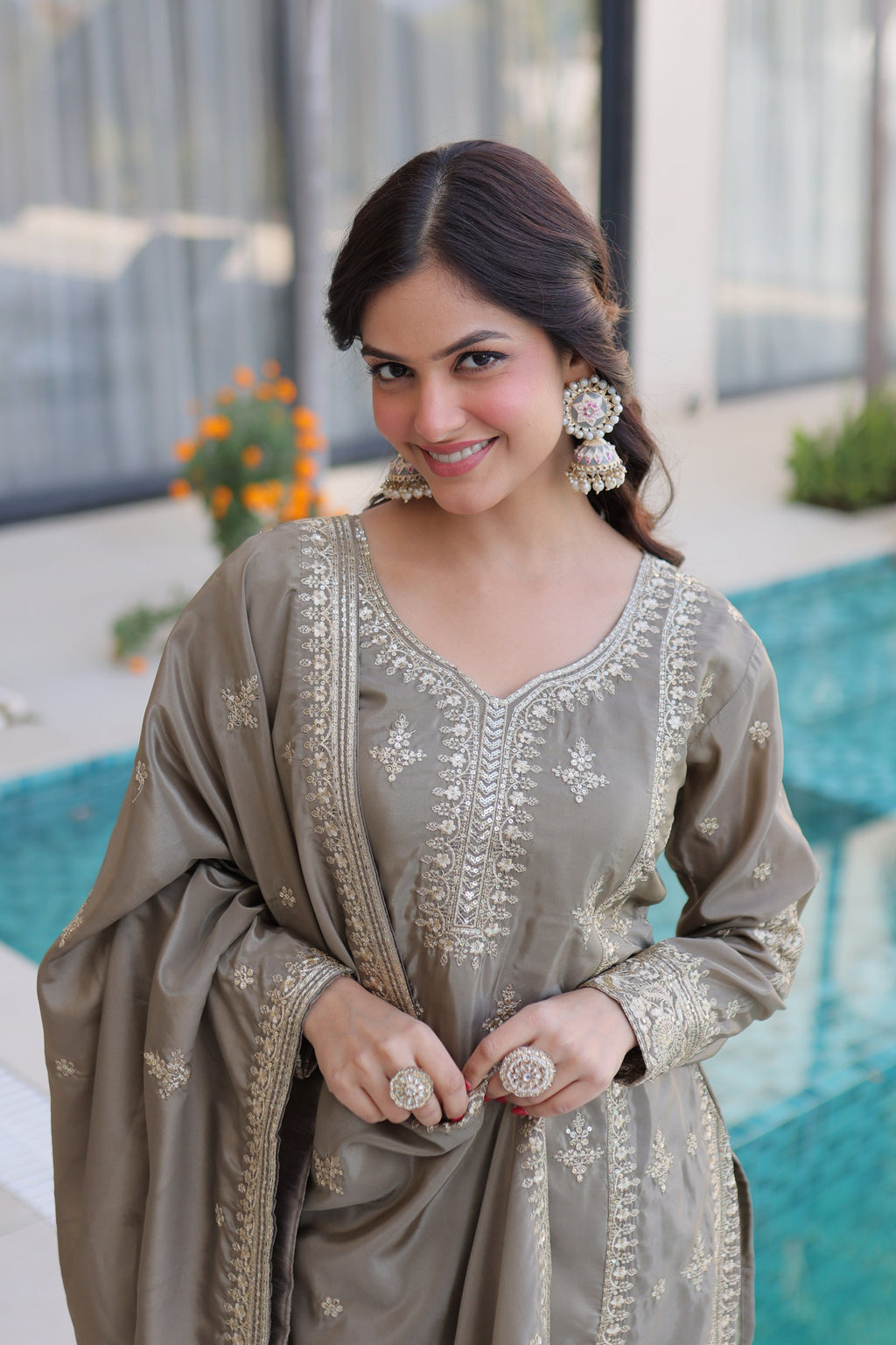 Chiku Ho Silk Embroidered Kurta Pant Set with Dupatta