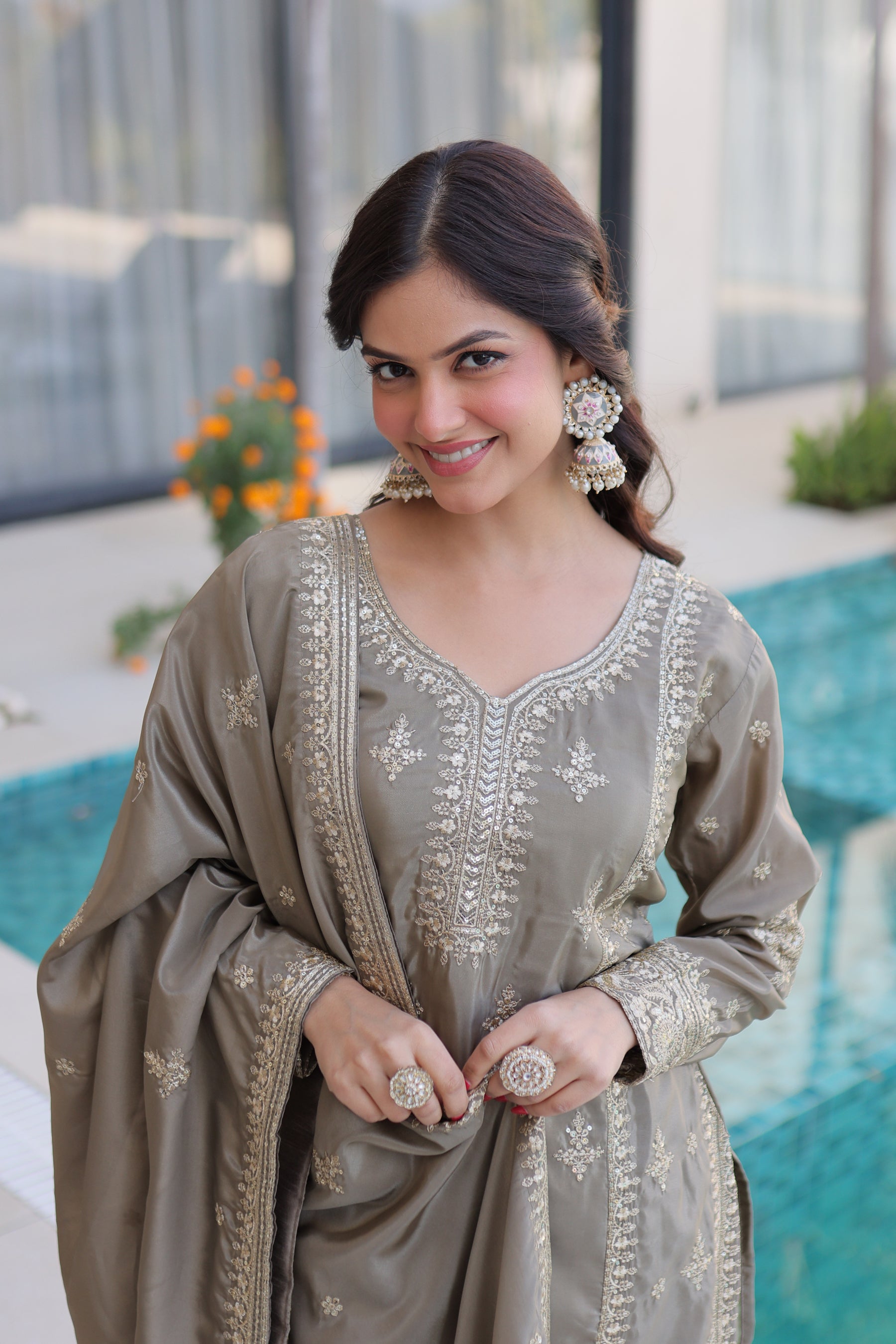 Chiku Ho Silk Embroidered Kurta Pant Set with Dupatta