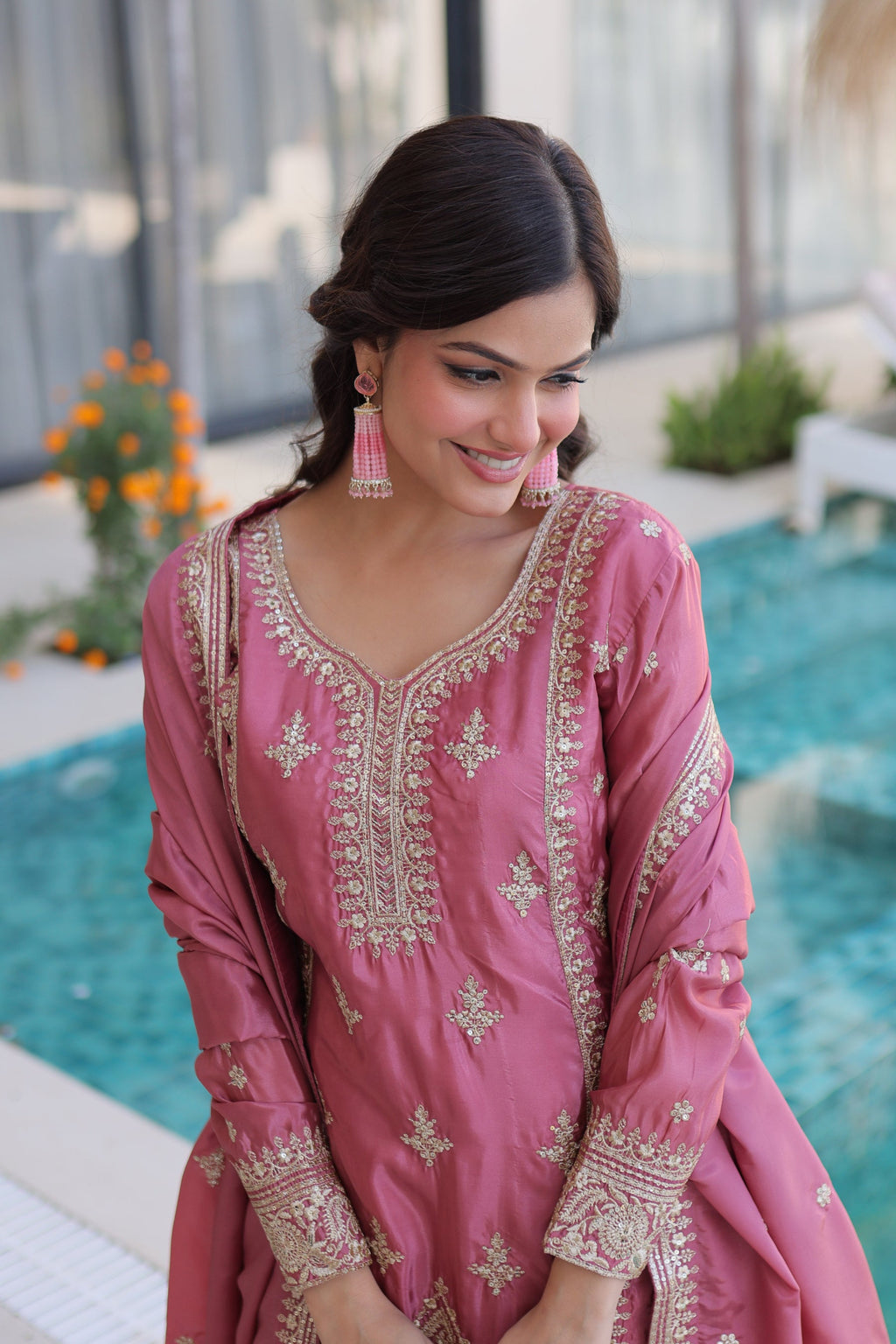 Pink Ho Silk Kurta Pant Set with Zari and Thread Embroidery