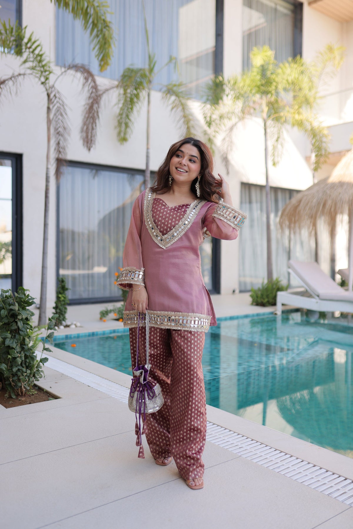 Pink Salasa Kurta Set with Mirror and Lace Work Detail