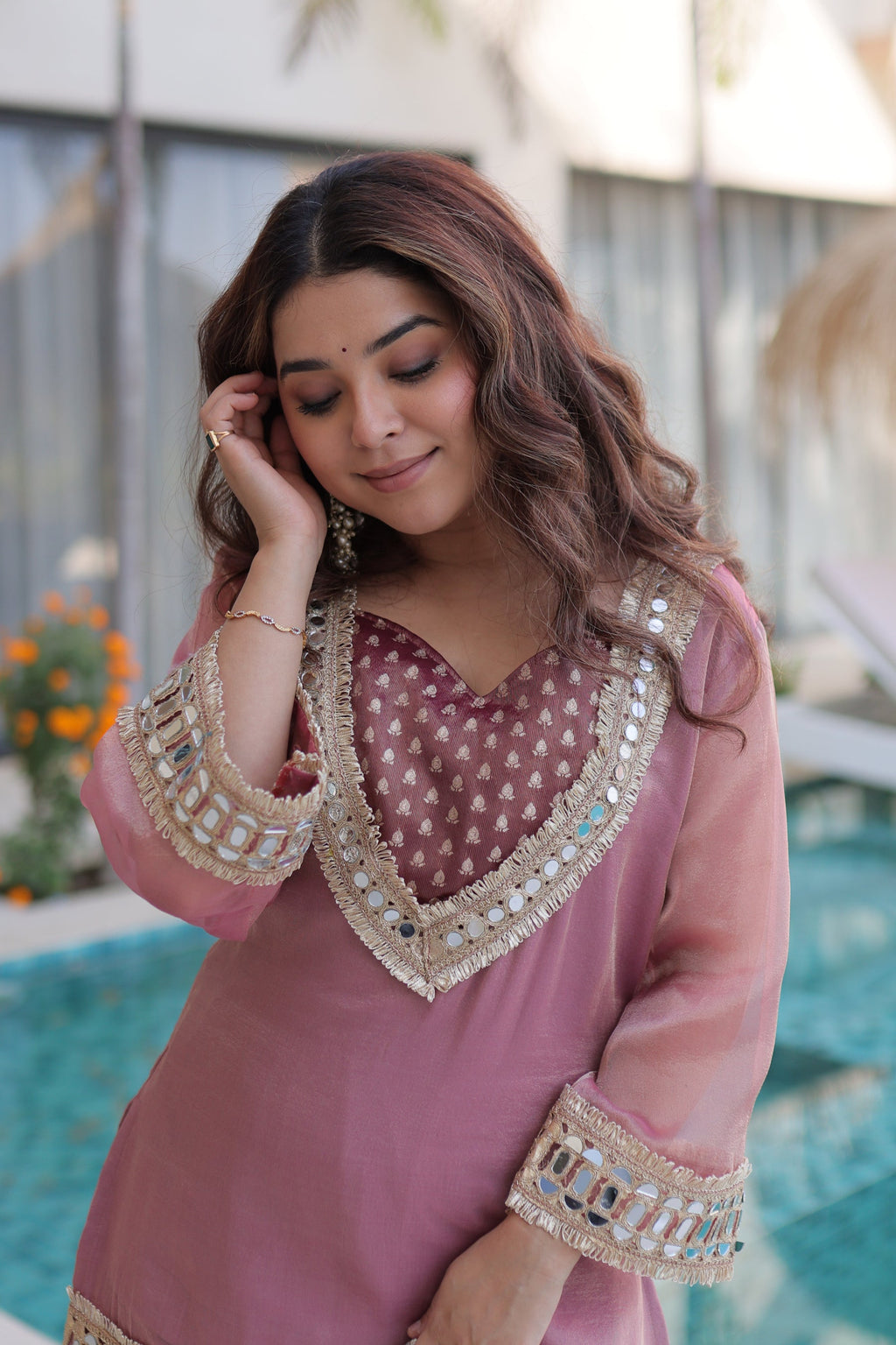 Pink Salasa Kurta Set with Mirror and Lace Work Detail