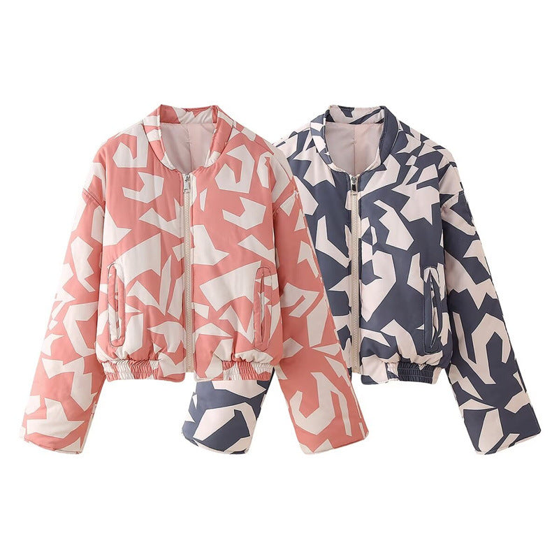 Women's Harajuku Pink & White Abstract Pattern Cotton Jacket - Image 4