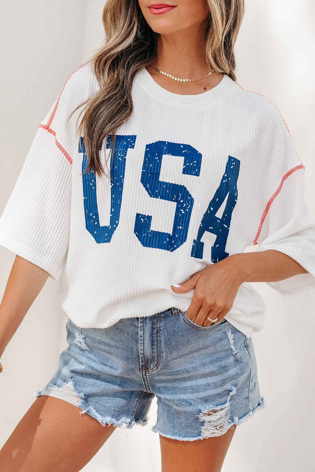 White USA Graphic Half Sleeve Loose Ribbed Top