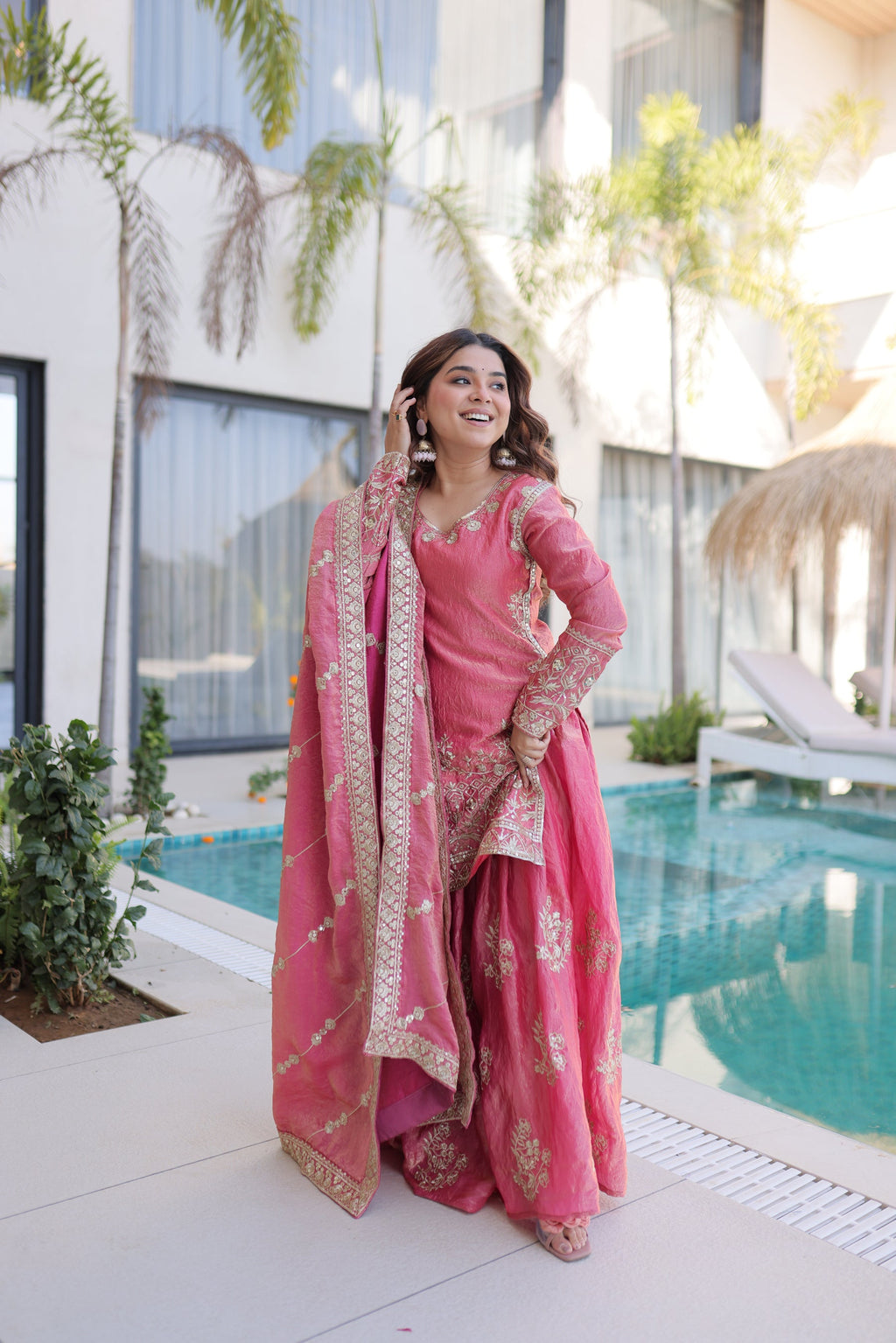 Pink Fendy Satin Crush Kurta Sharara Set with Zari & Sequins Work