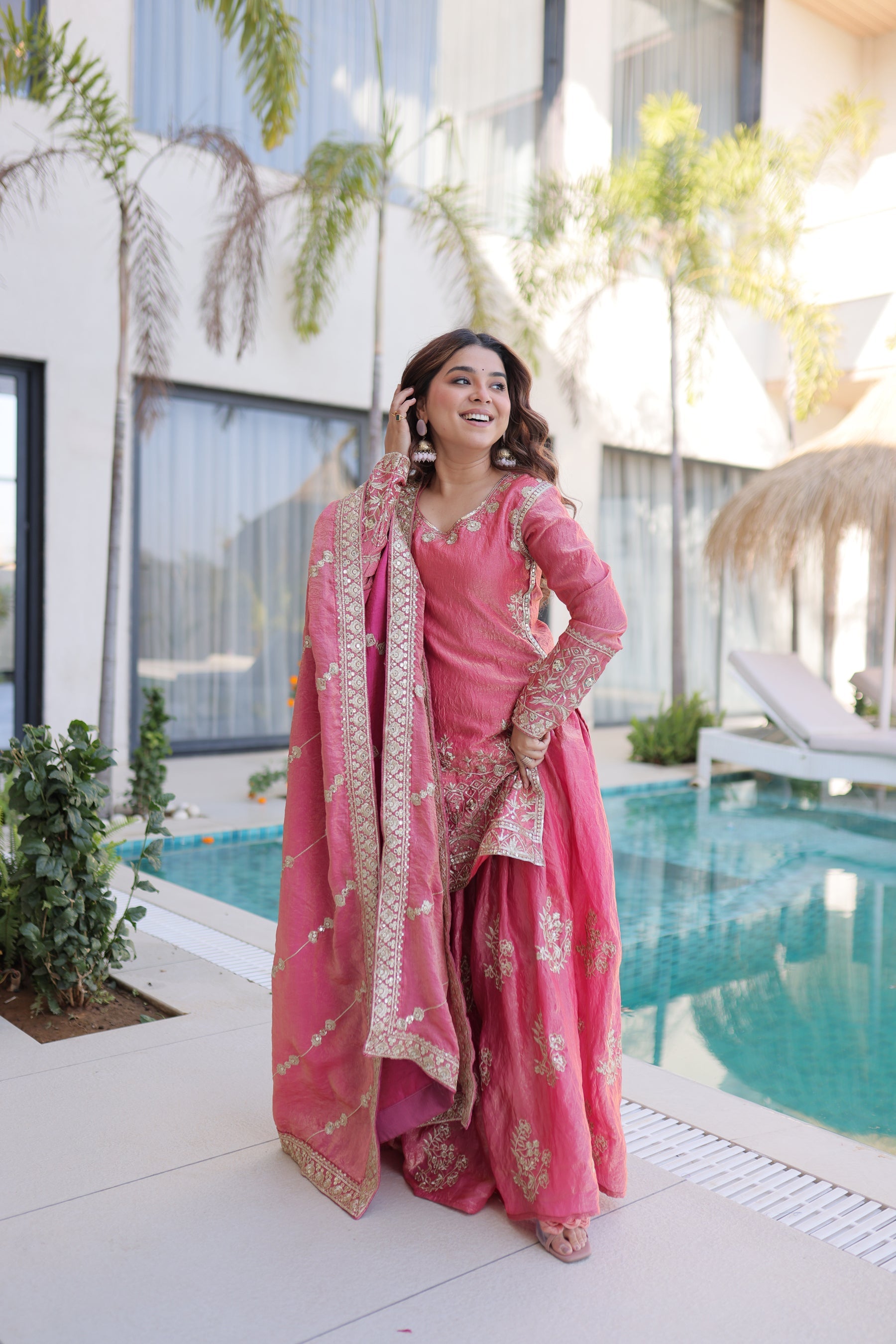 Pink Fendy Satin Crush Kurta Sharara Set with Zari & Sequins Work