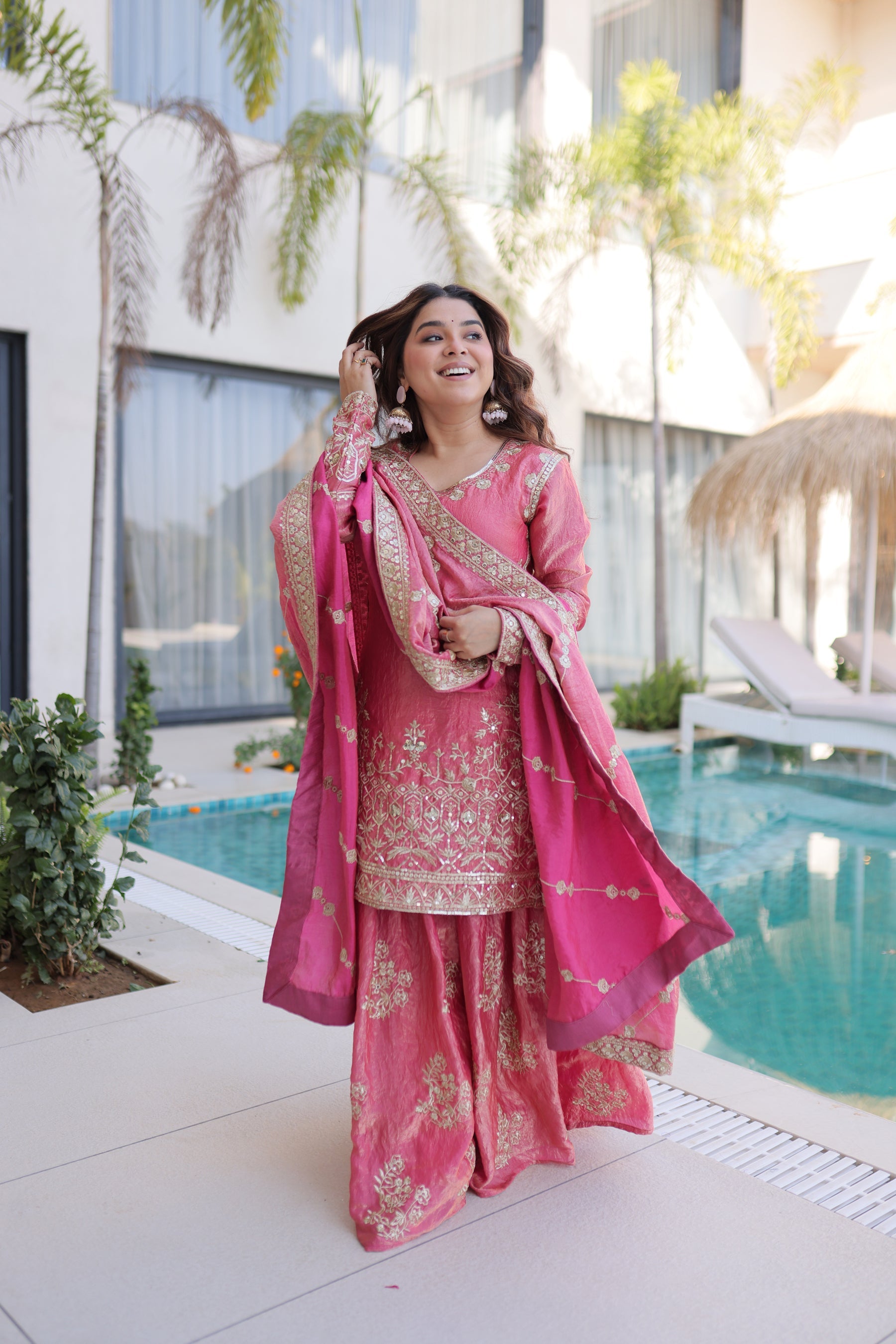 Pink Fendy Satin Crush Kurta Sharara Set with Zari & Sequins Work