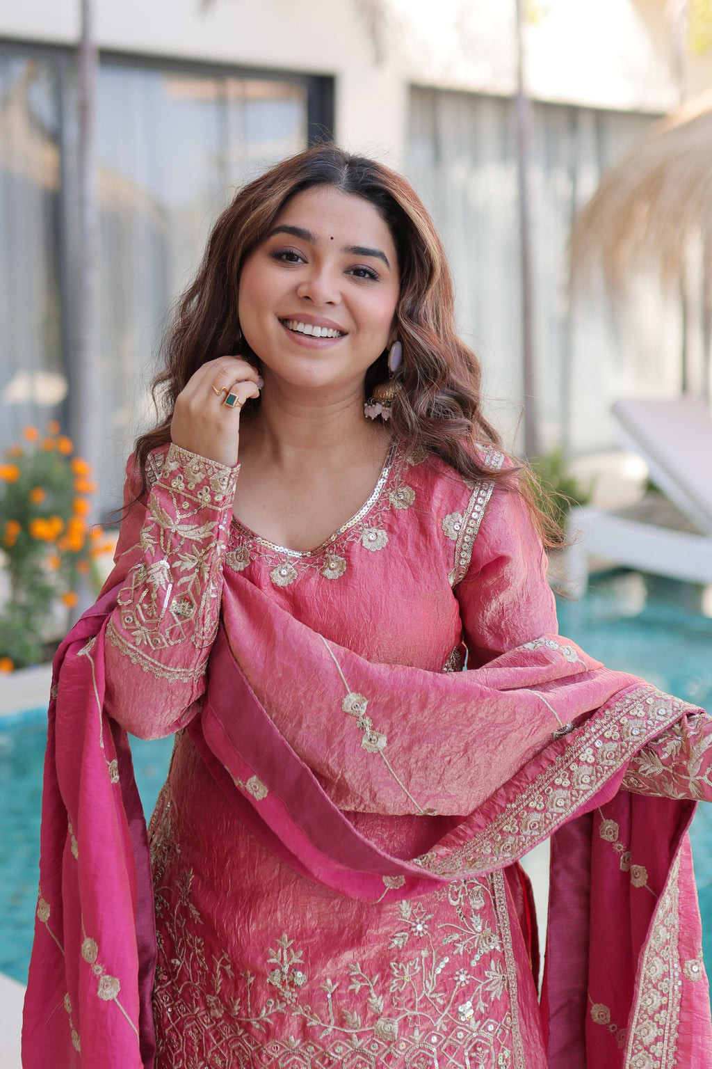 Pink Fendy Satin Crush Kurta Sharara Set with Zari & Sequins Work