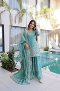 Sky Blue Fendy Satin Crush Kurta Sharara Set with Zari & Sequins