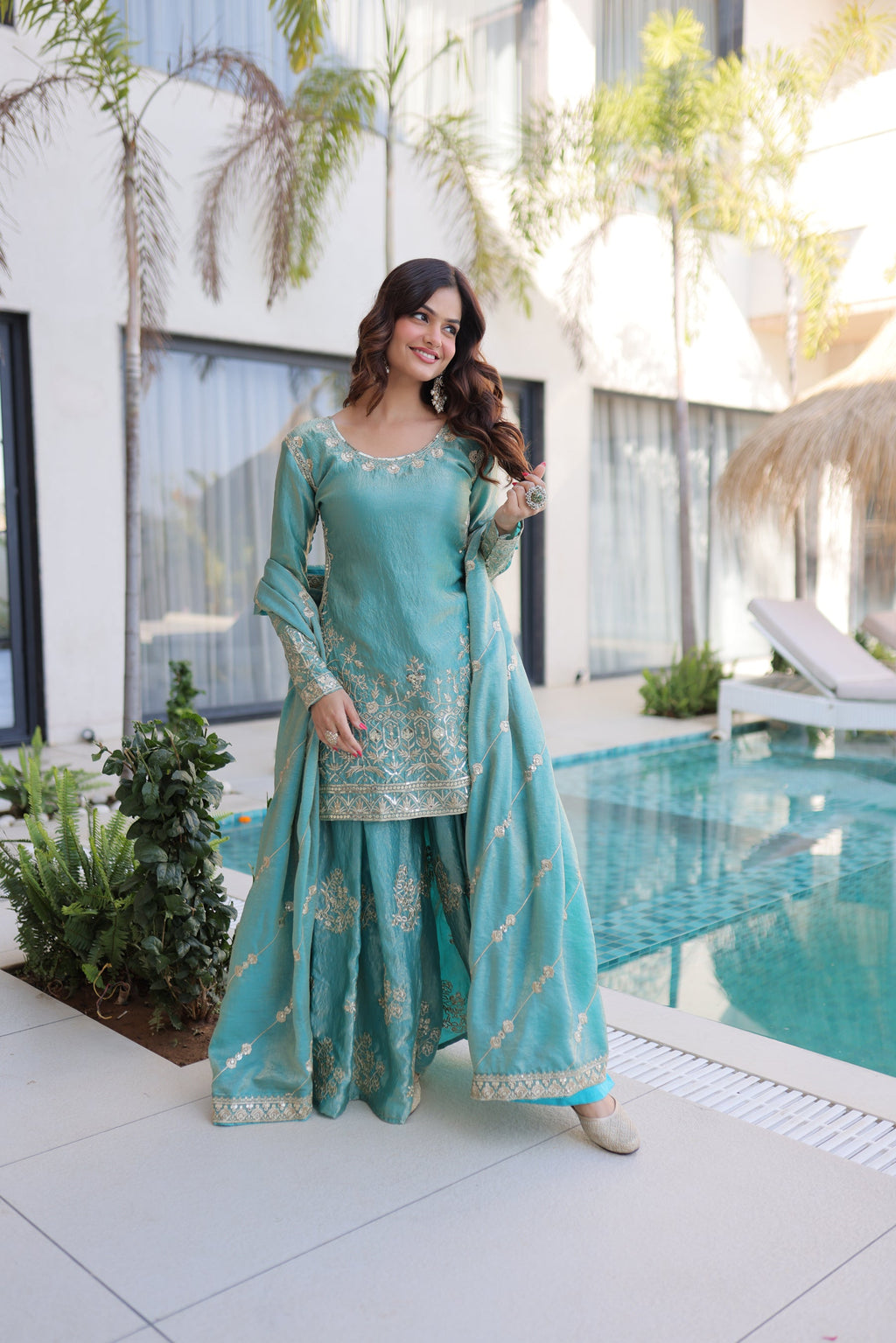 Sky Blue Fendy Satin Crush Kurta Sharara Set with Zari & Sequins