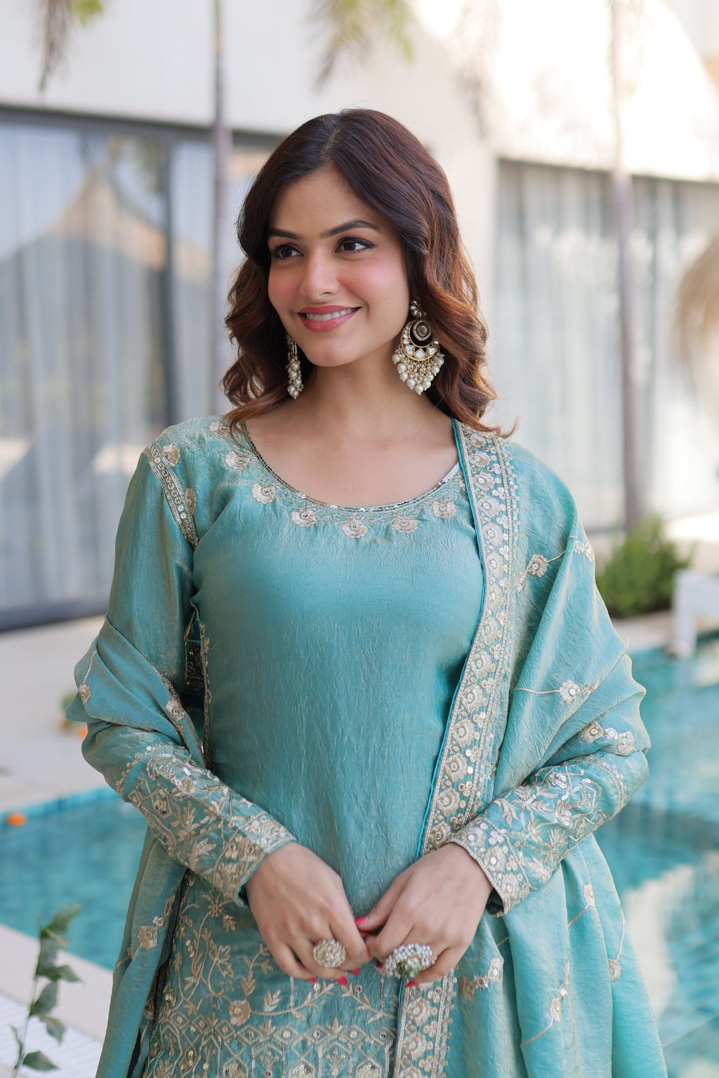 Sky Blue Fendy Satin Crush Kurta Sharara Set with Zari & Sequins