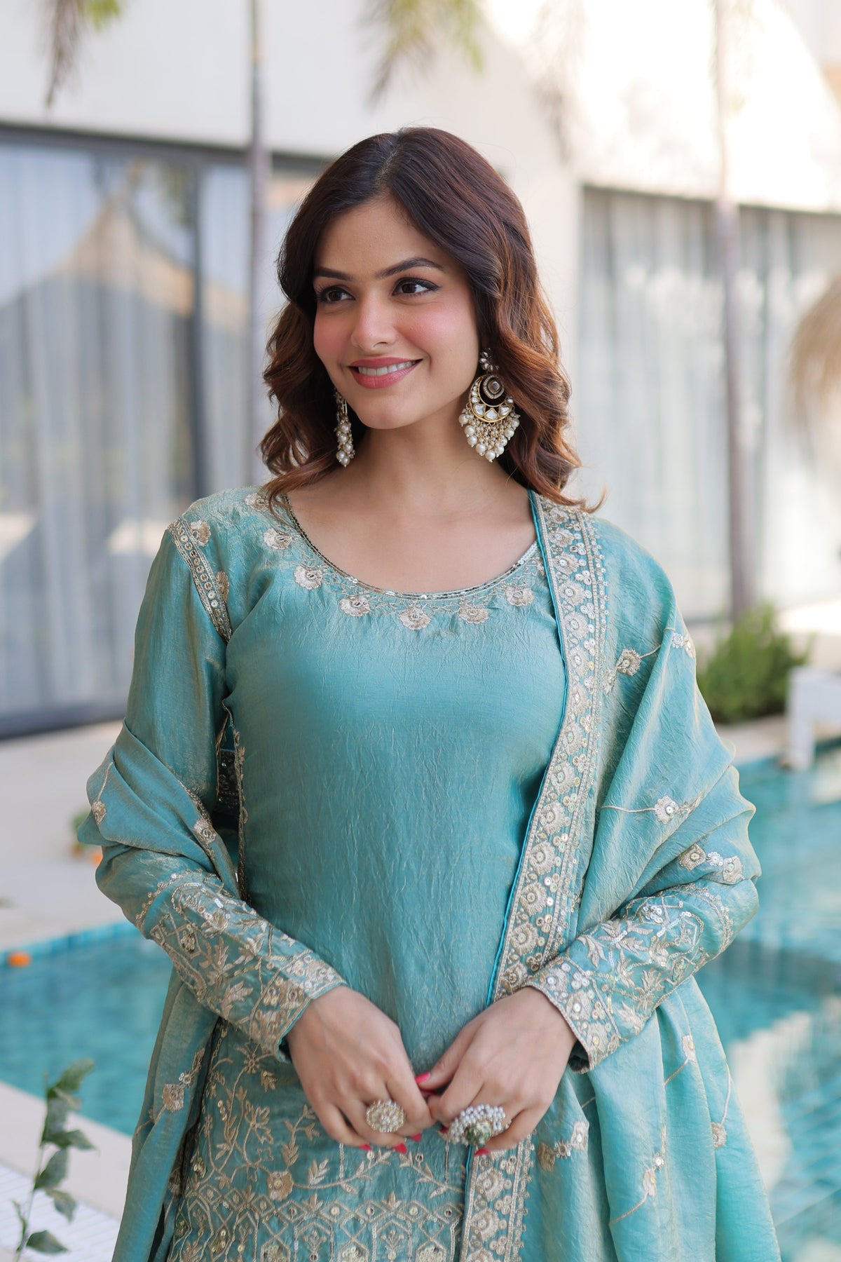 Sky Blue Fendy Satin Crush Kurta Sharara Set with Zari & Sequins