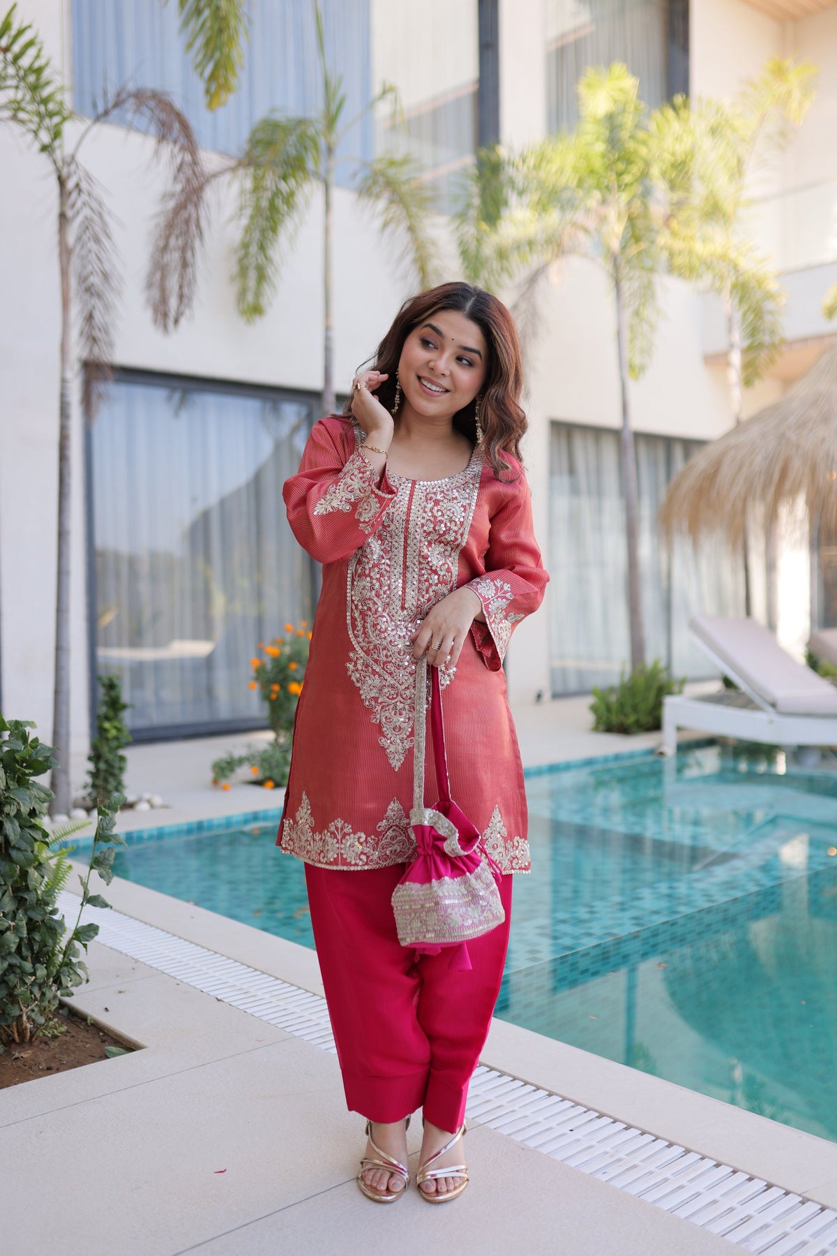 Maroon Viscose Kurta Pant Set with Sequins and Zari Embroidery