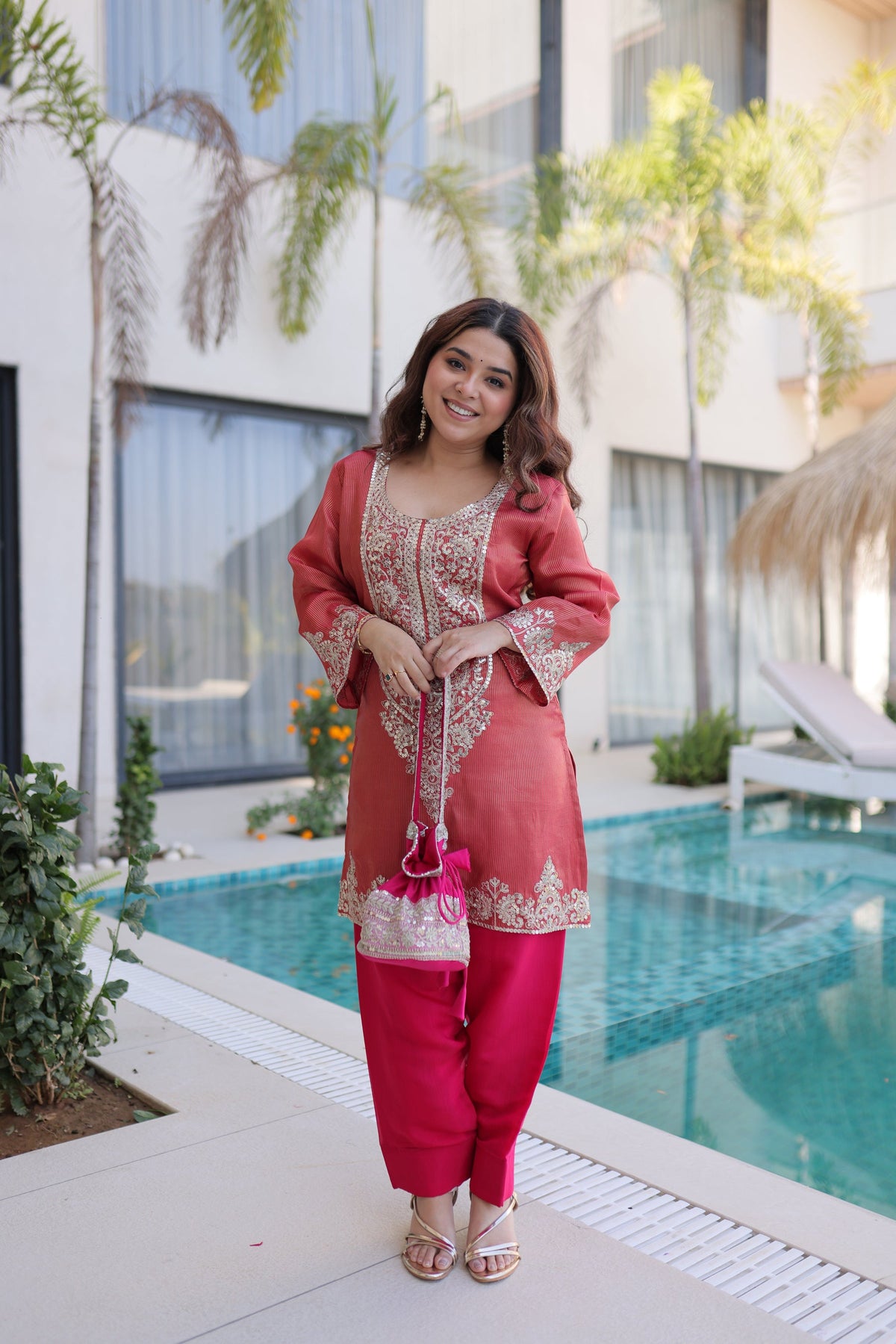 Maroon Viscose Kurta Pant Set with Sequins and Zari Embroidery