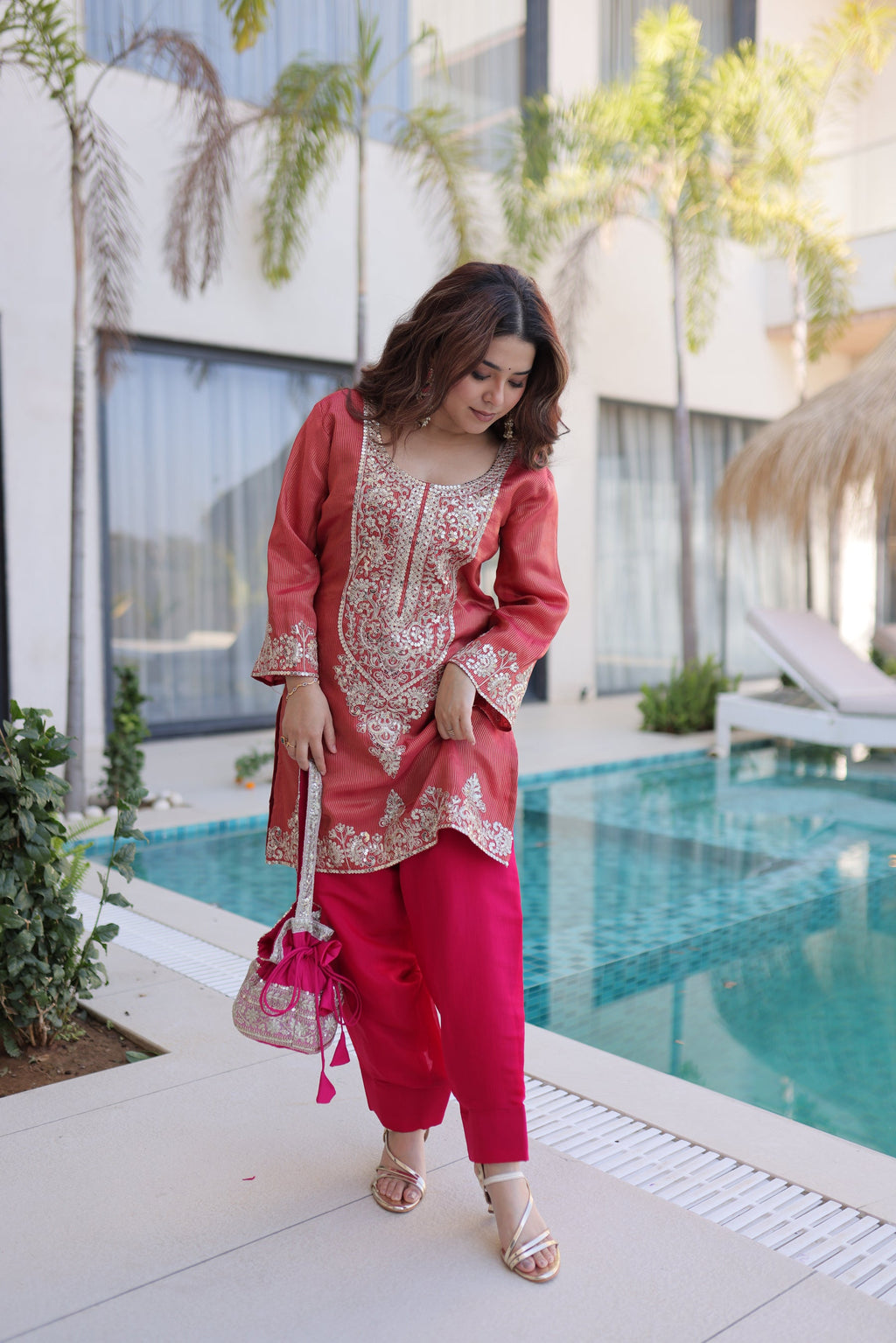 Maroon Viscose Kurta Pant Set with Sequins and Zari Embroidery
