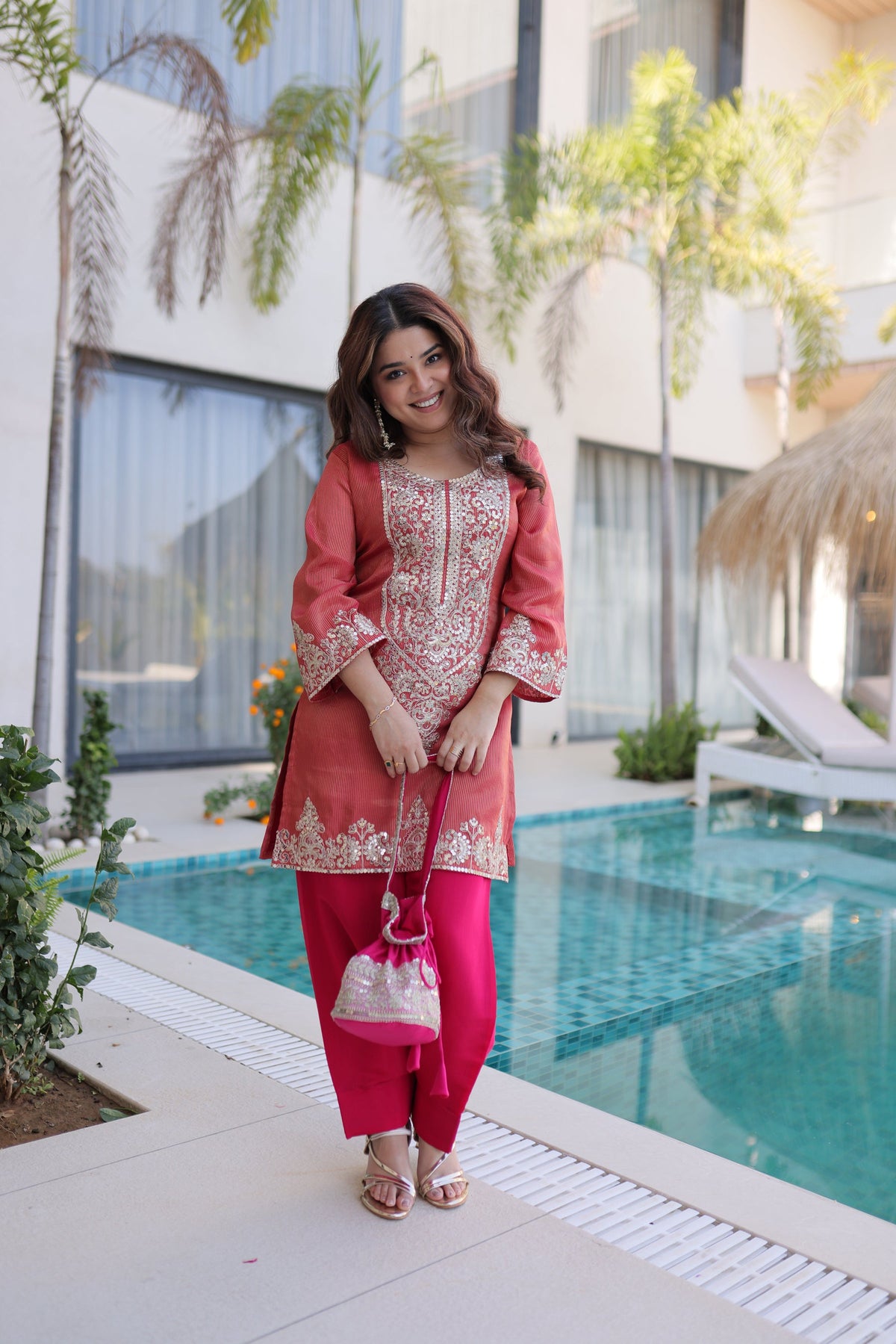 Maroon Viscose Kurta Pant Set with Sequins and Zari Embroidery