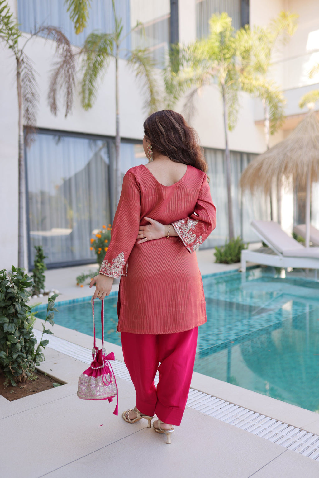 Maroon Viscose Kurta Pant Set with Sequins and Zari Embroidery