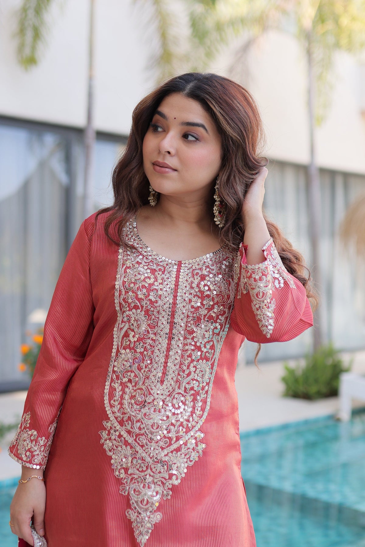 Maroon Viscose Kurta Pant Set with Sequins and Zari Embroidery