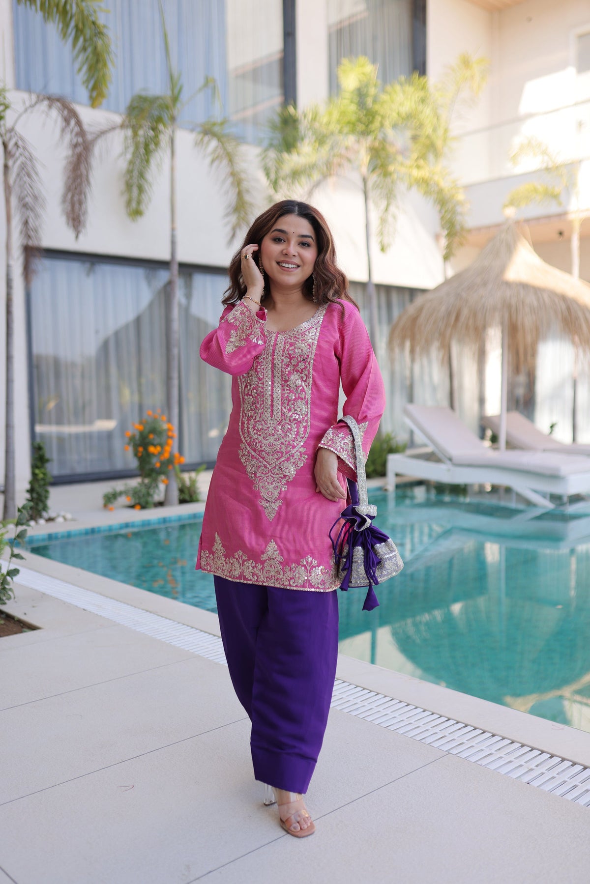 Pink Viscose Kurta Pant Set with Sequins and Coding Zari Work