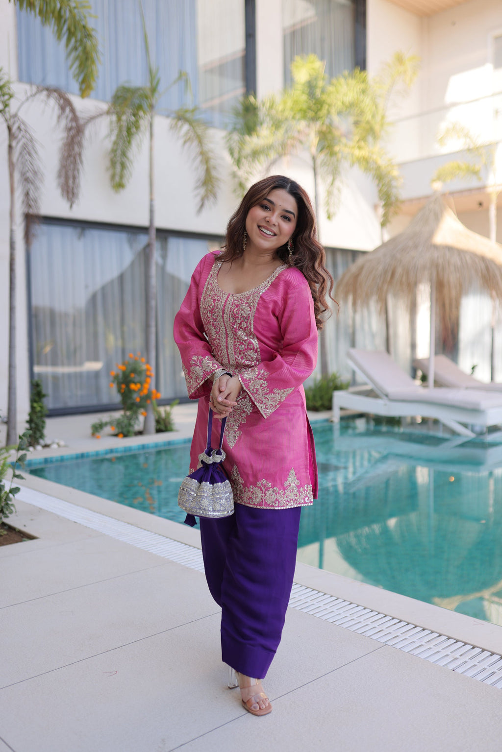 Pink Viscose Kurta Pant Set with Sequins and Coding Zari Work