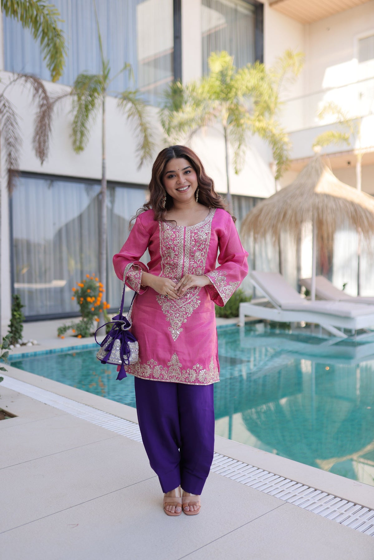 Pink Viscose Kurta Pant Set with Sequins and Coding Zari Work