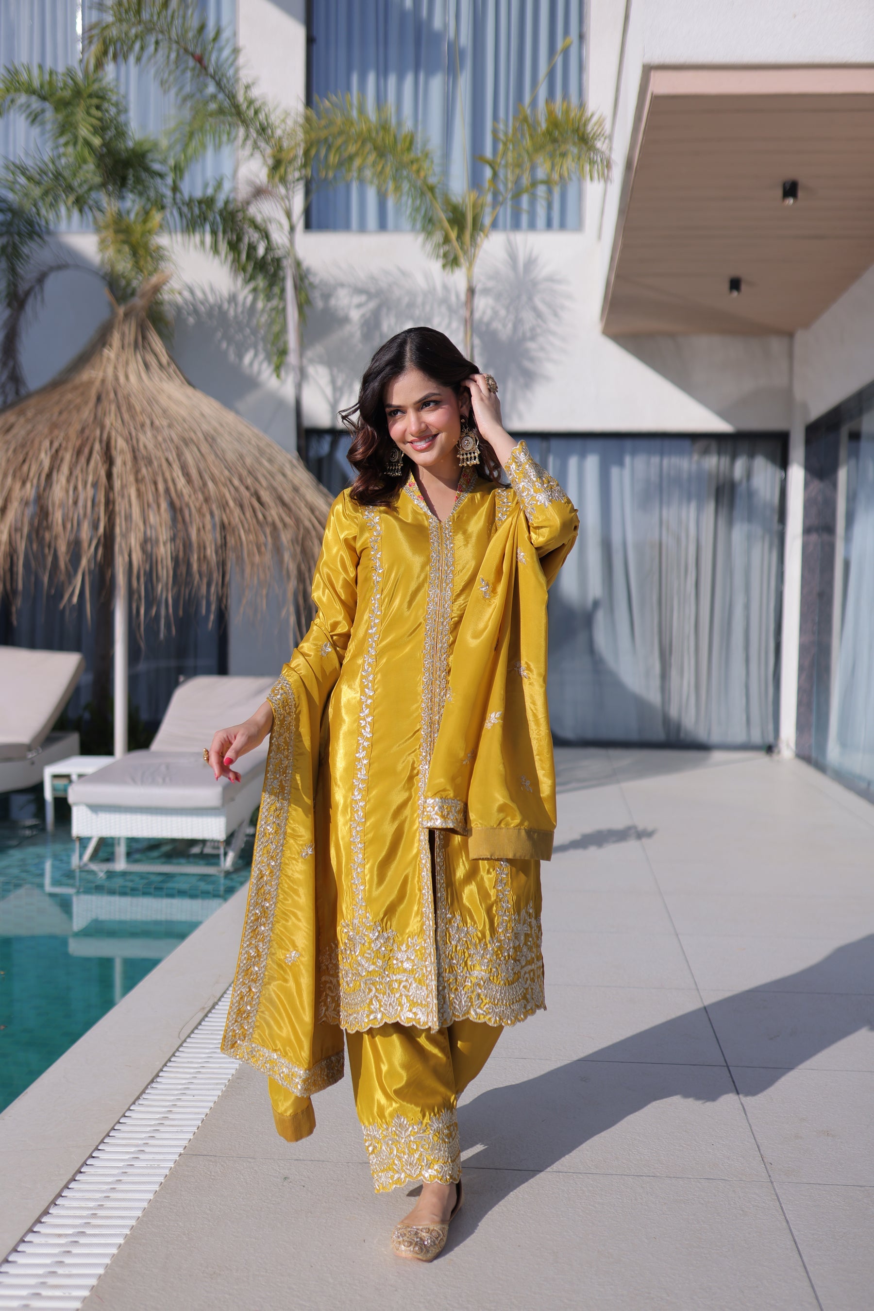 Yellow H O Silk Kurta Pant Set with Sequins and Zari Embroidery