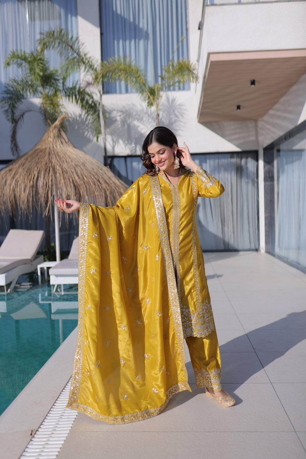 Yellow H O Silk Kurta Pant Set with Sequins and Zari Embroidery