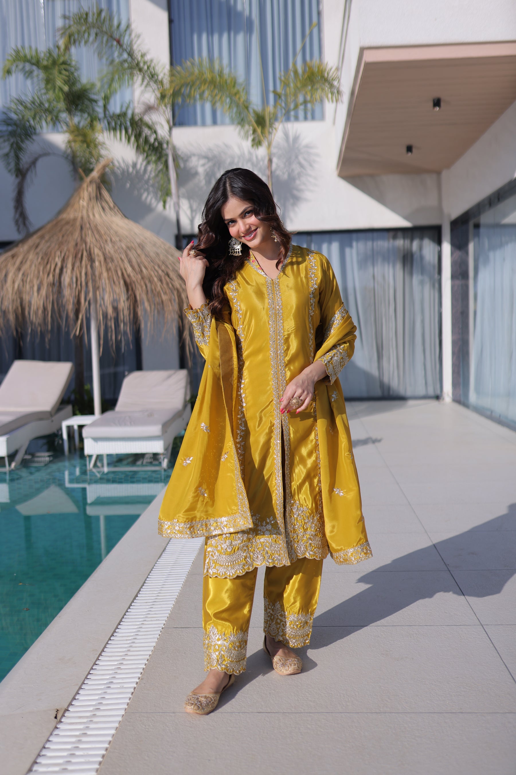 Yellow H O Silk Kurta Pant Set with Sequins and Zari Embroidery
