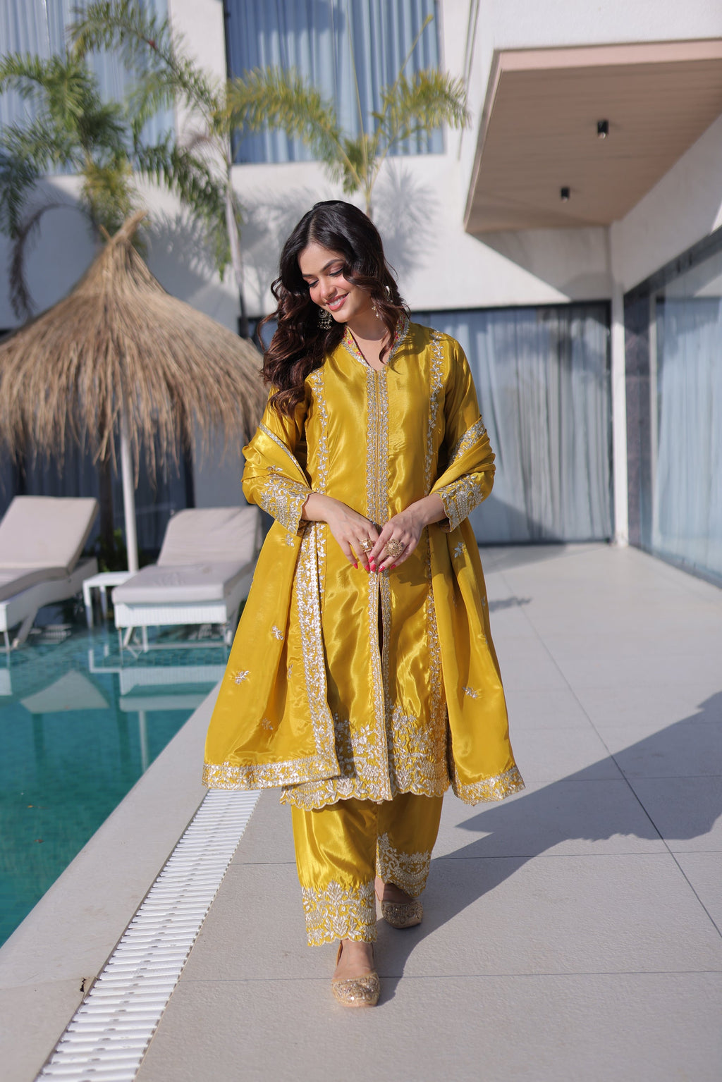 Yellow H O Silk Kurta Pant Set with Sequins and Zari Embroidery