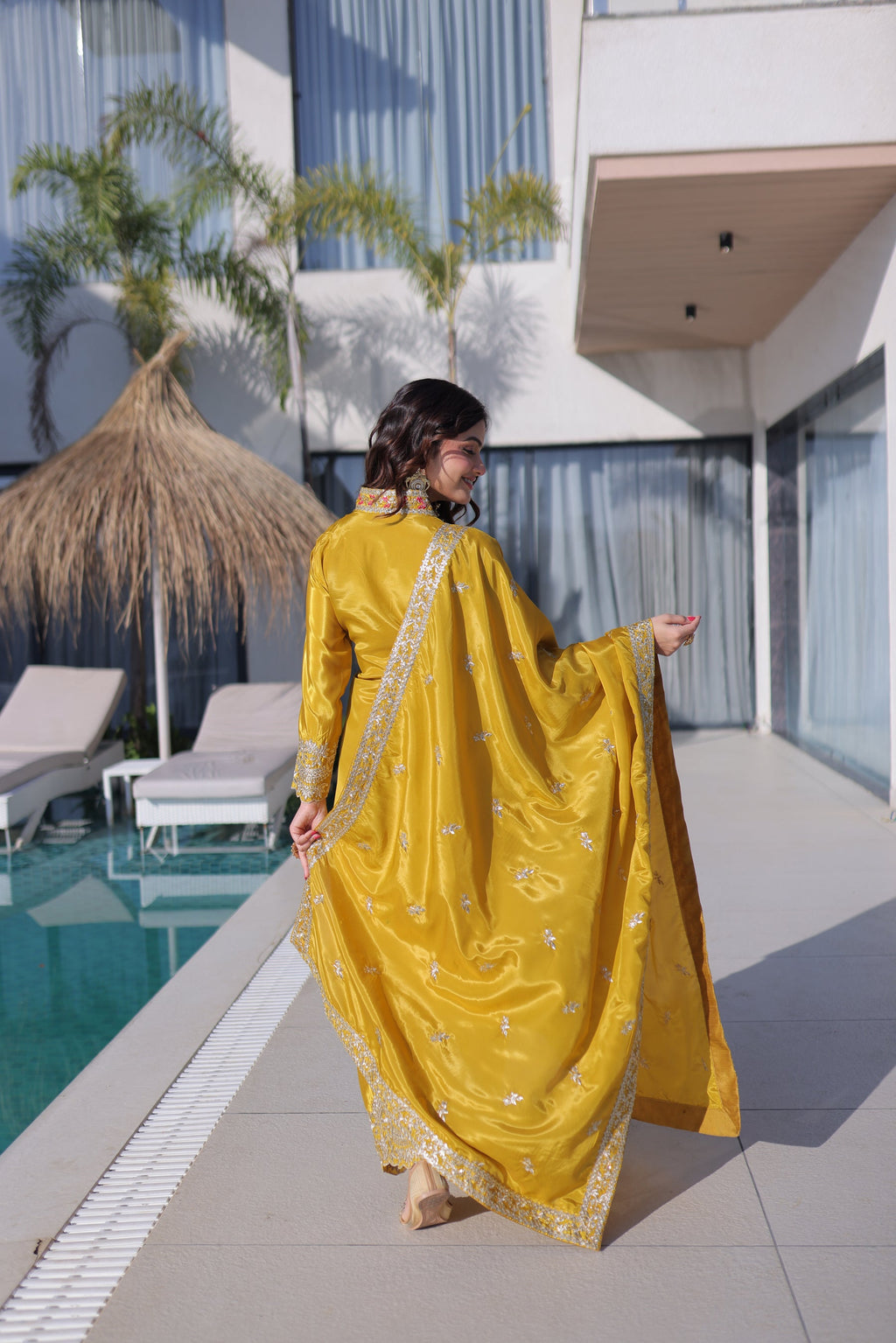 Yellow H O Silk Kurta Pant Set with Sequins and Zari Embroidery