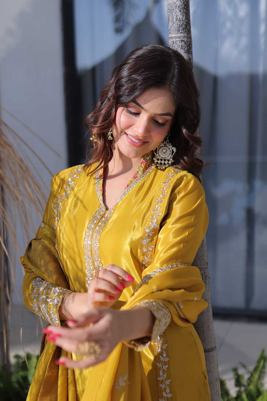 Yellow H O Silk Kurta Pant Set with Sequins and Zari Embroidery