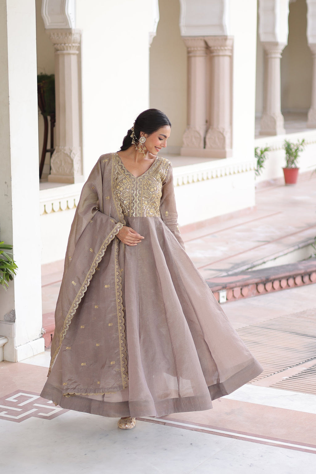 Grey Gold Crush Gown with Rich Sequins and Zari Embroidery