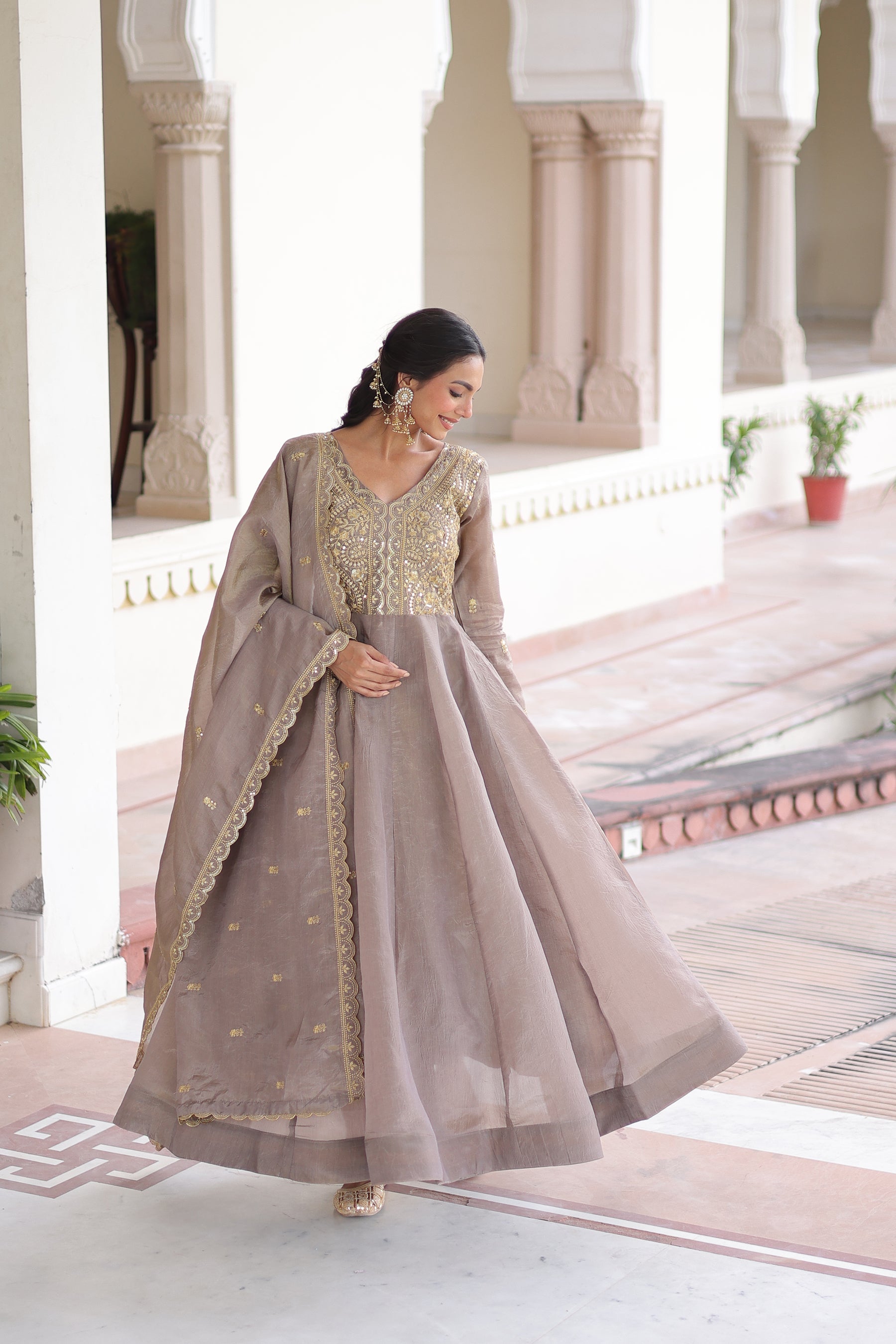 Grey Gold Crush Gown with Rich Sequins and Zari Embroidery