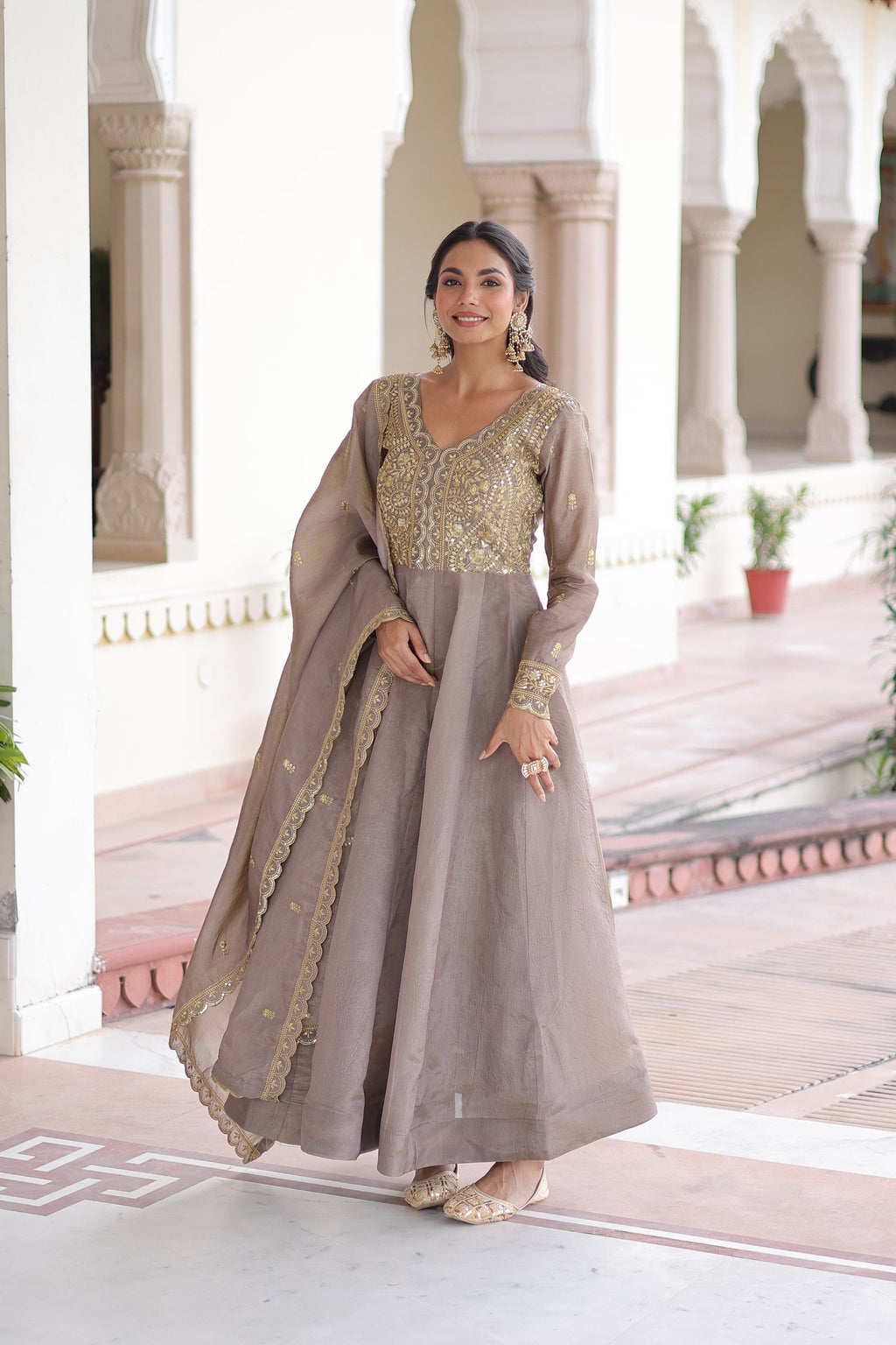 Grey Gold Crush Gown with Rich Sequins and Zari Embroidery