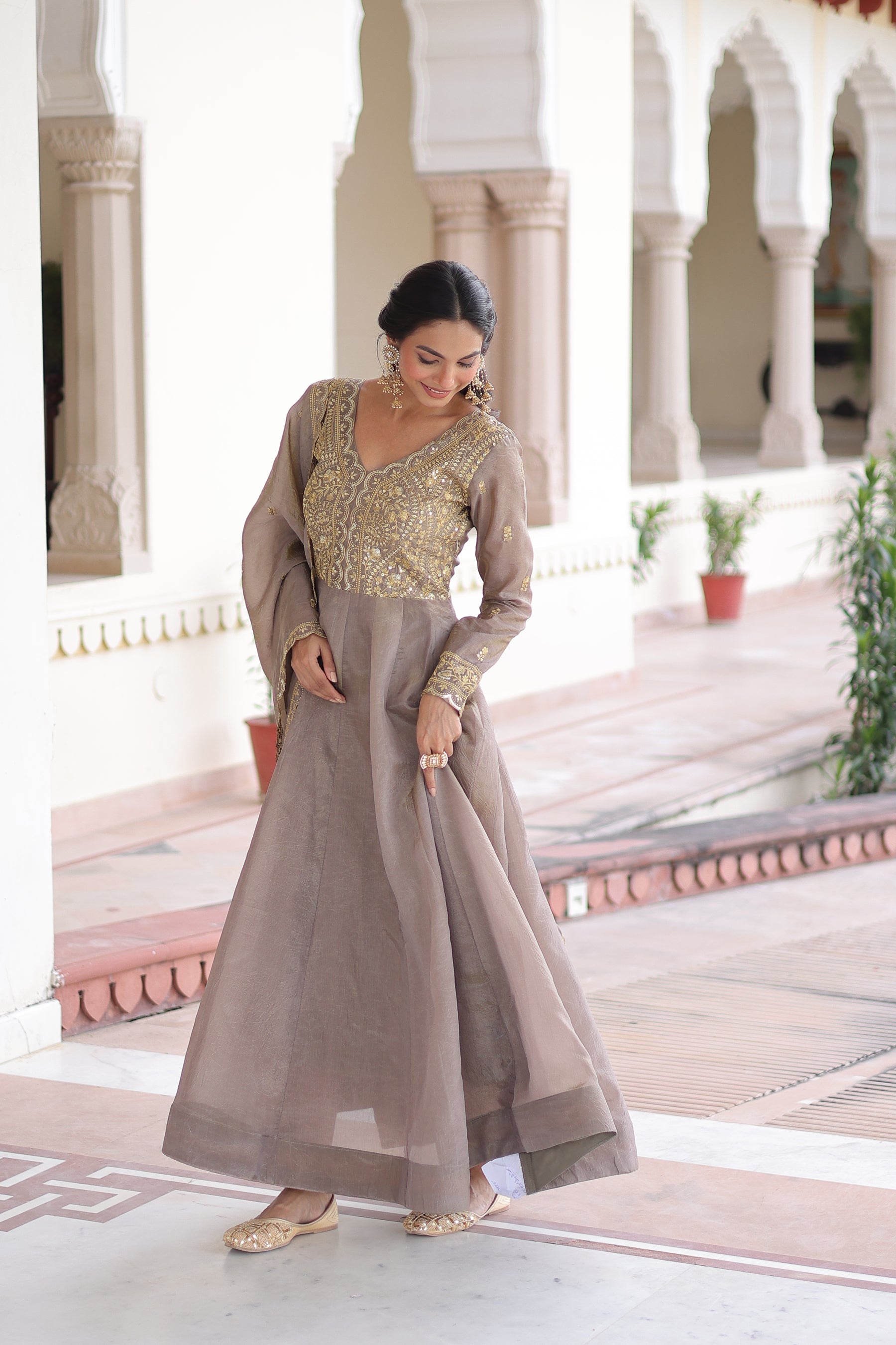 Grey Gold Crush Gown with Rich Sequins and Zari Embroidery