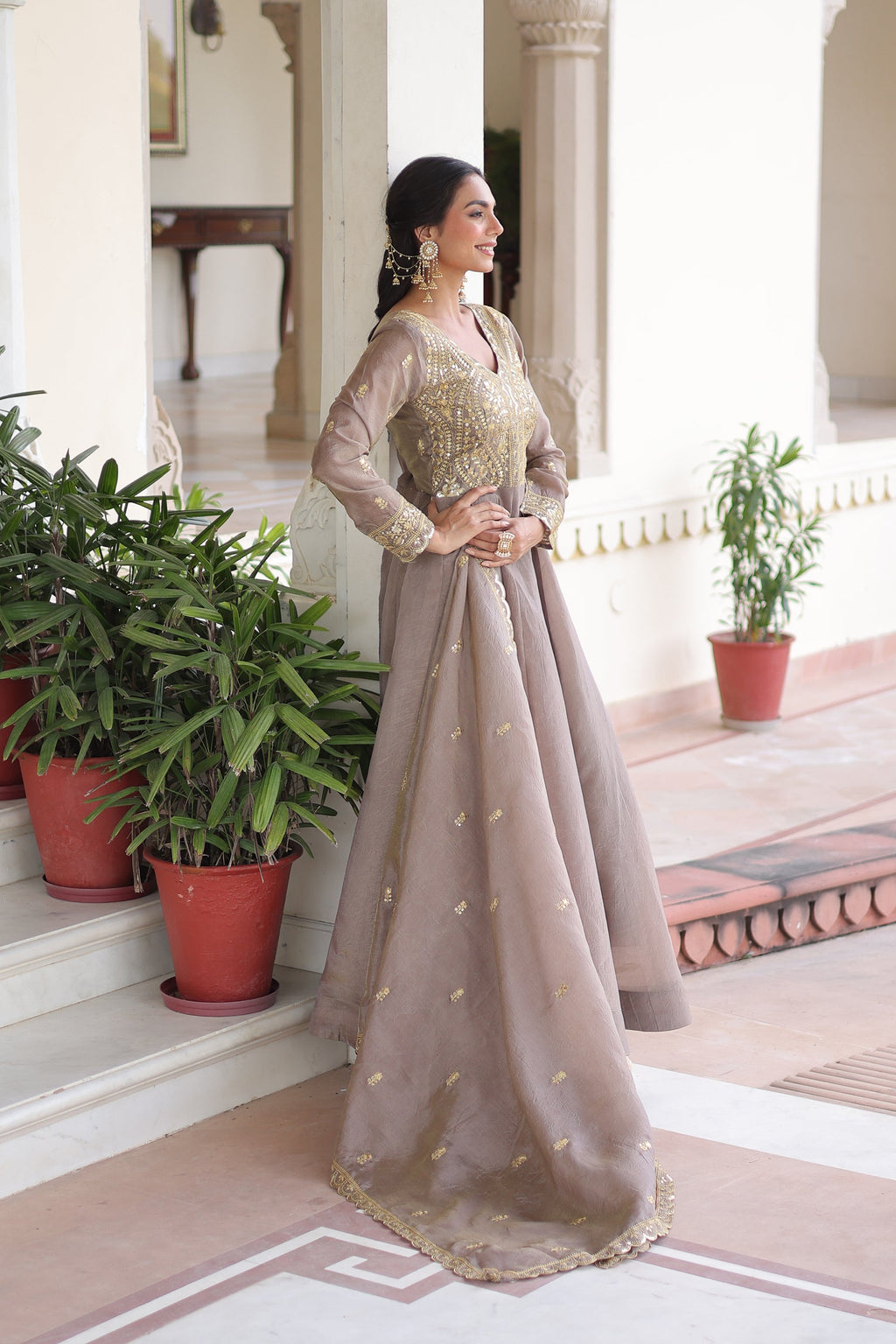 Grey Gold Crush Gown with Rich Sequins and Zari Embroidery