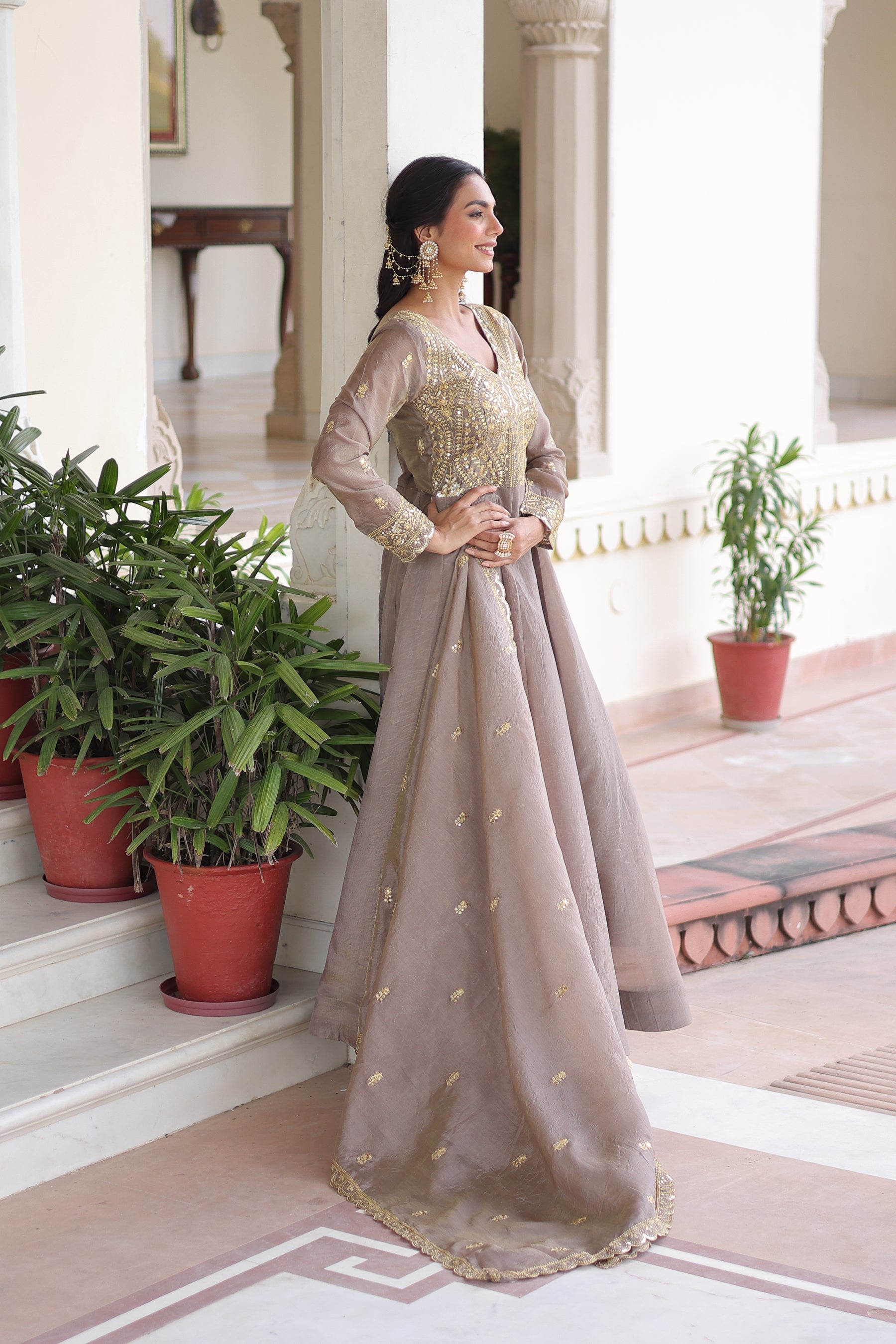 Grey Gold Crush Gown with Rich Sequins and Zari Embroidery