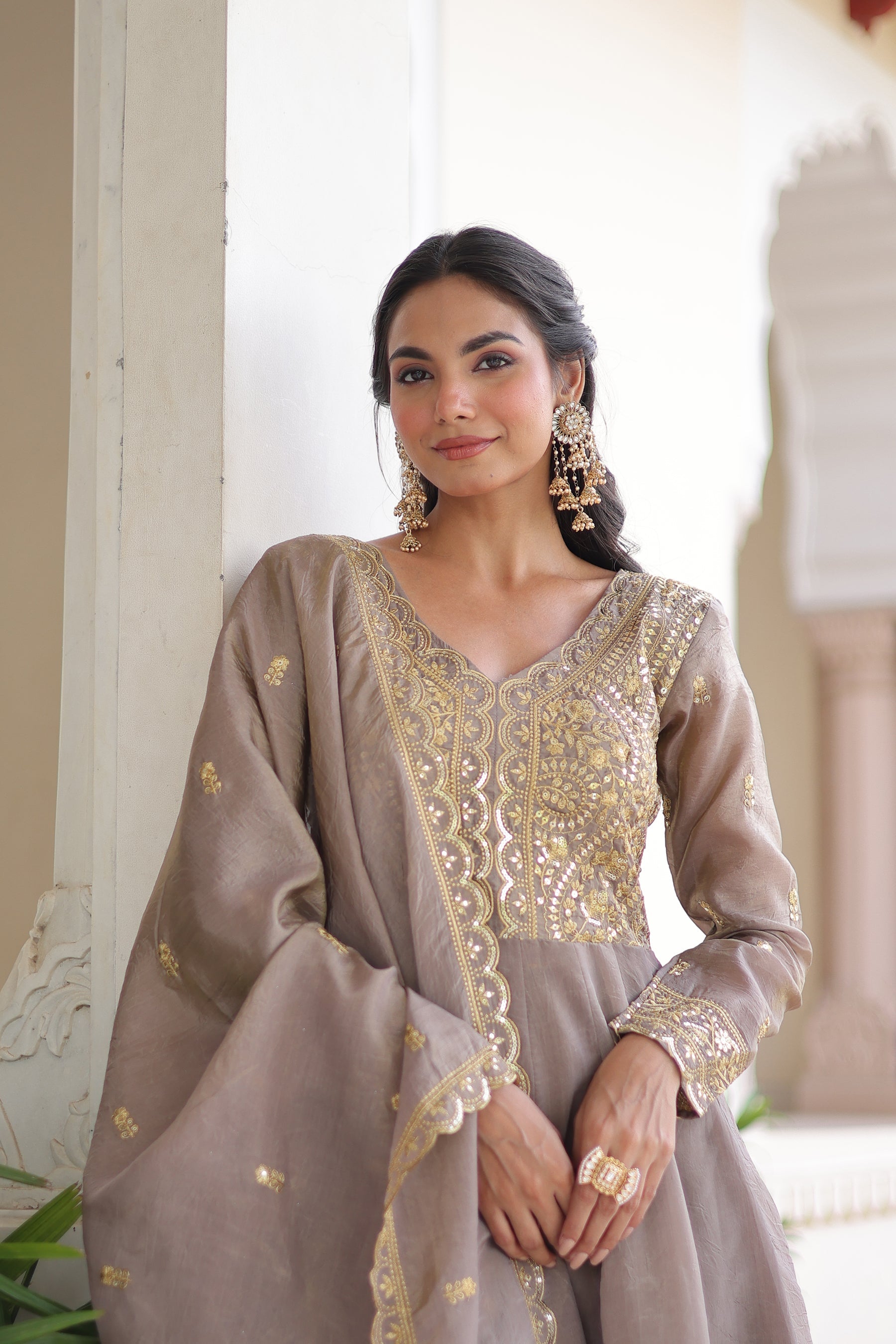 Grey Gold Crush Gown with Rich Sequins and Zari Embroidery