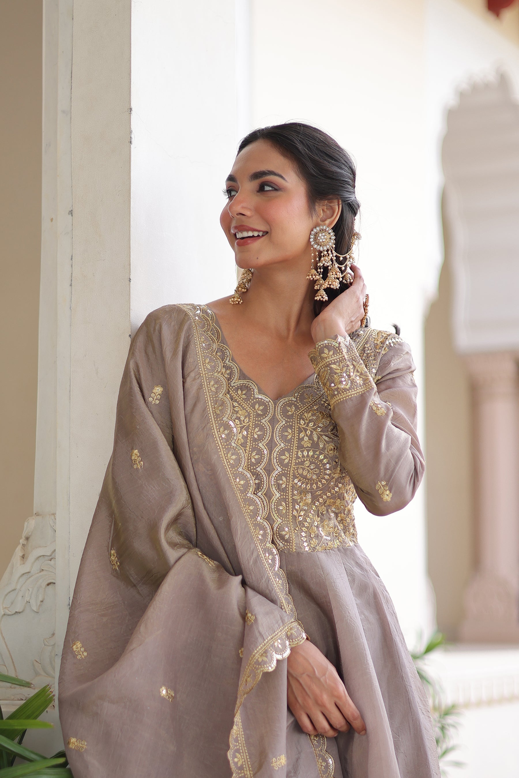 Grey Gold Crush Gown with Rich Sequins and Zari Embroidery