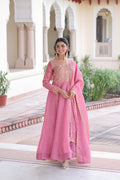 Elegant pink gold crush gown featuring rich sequins and zari embroidery with matching dupatta.