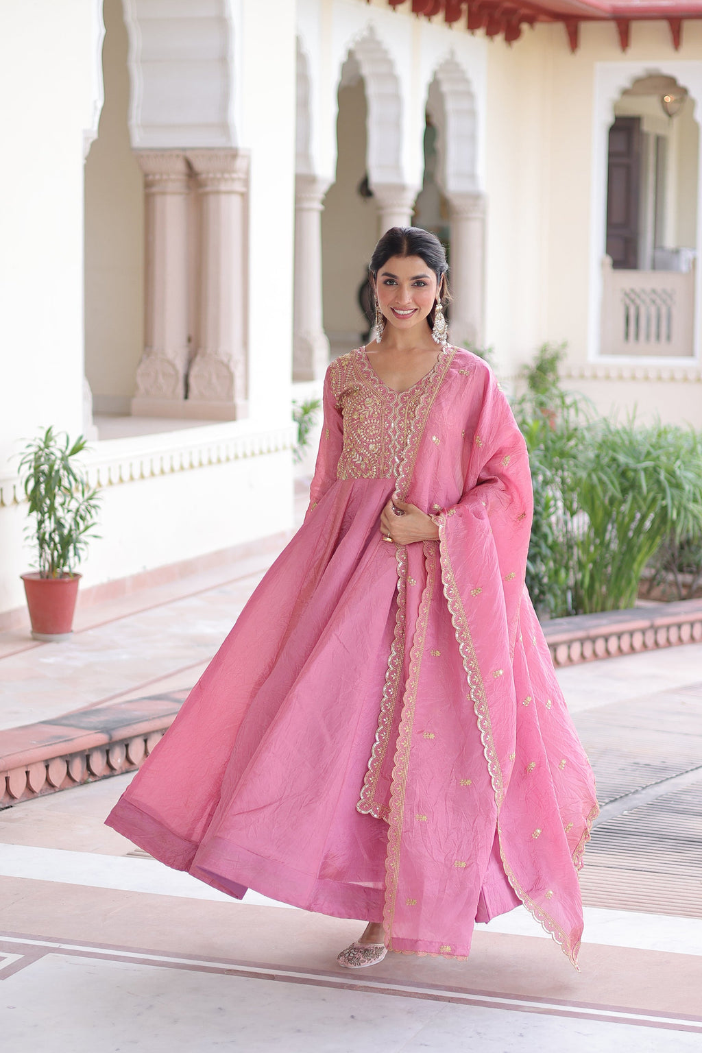 Pink Gold Crush Gown with Sequins and Zari Embroidery