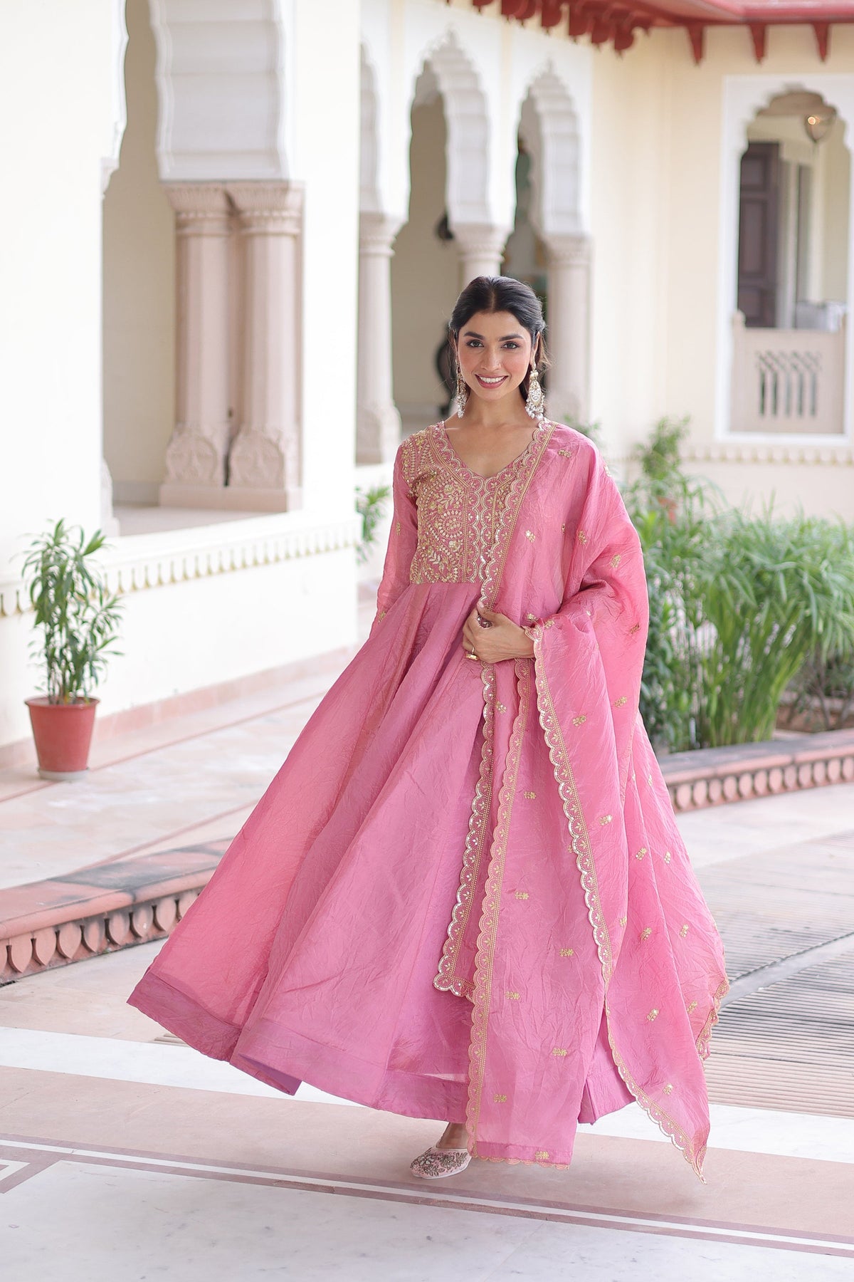 Pink Gold Crush Gown with Sequins and Zari Embroidery