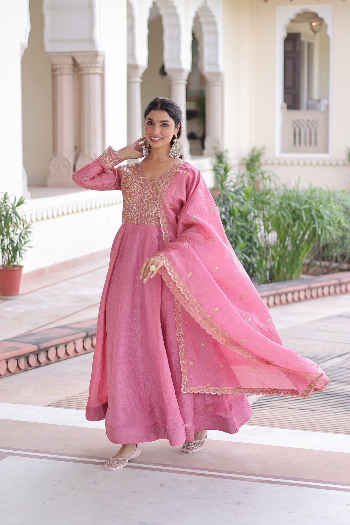 Pink Gold Crush Gown with Sequins and Zari Embroidery