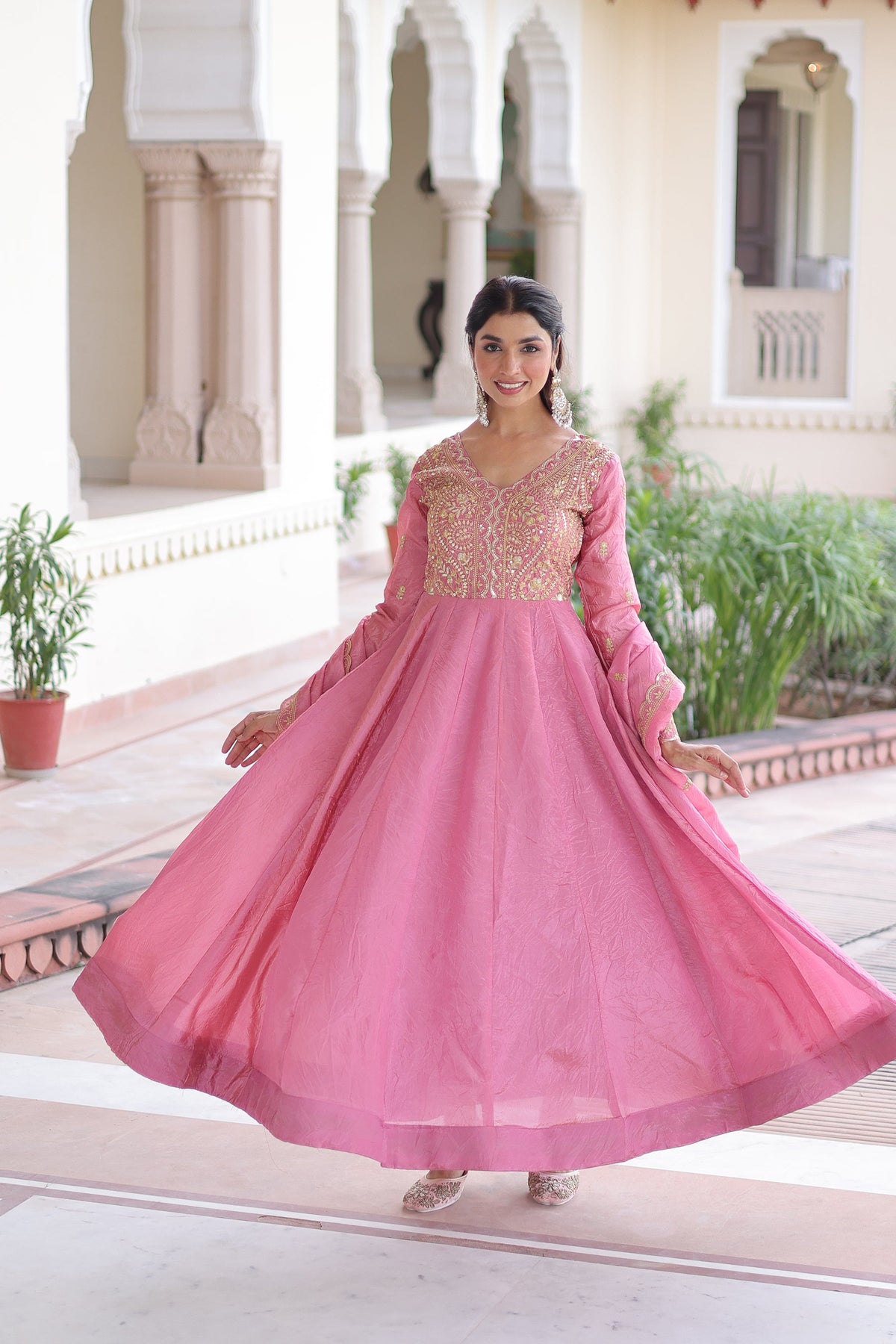 Pink Gold Crush Gown with Sequins and Zari Embroidery