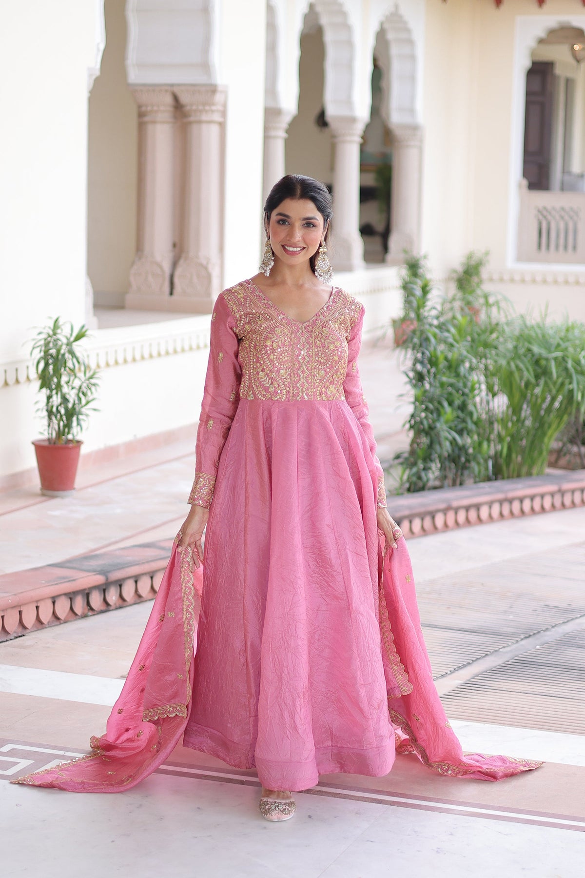 Pink Gold Crush Gown with Sequins and Zari Embroidery
