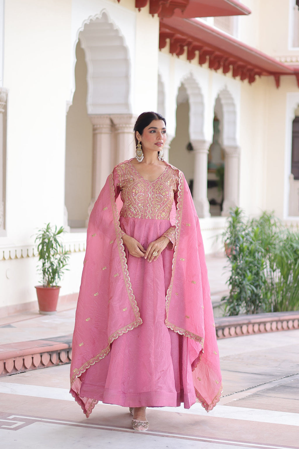Pink Gold Crush Gown with Sequins and Zari Embroidery