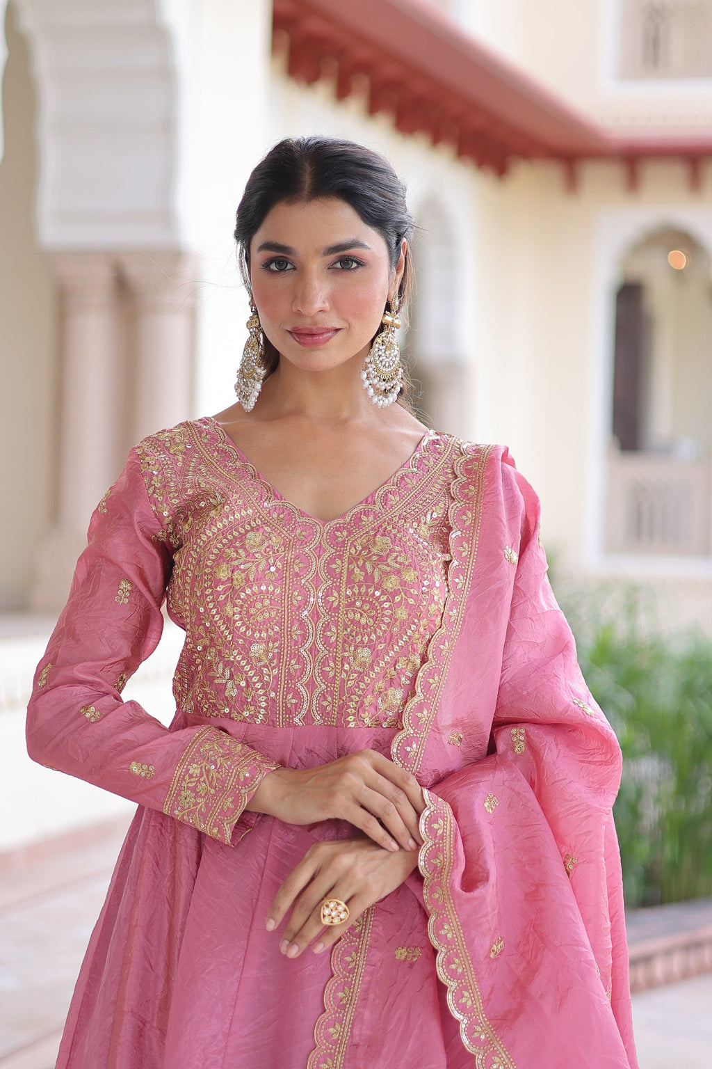 Pink Gold Crush Gown with Sequins and Zari Embroidery